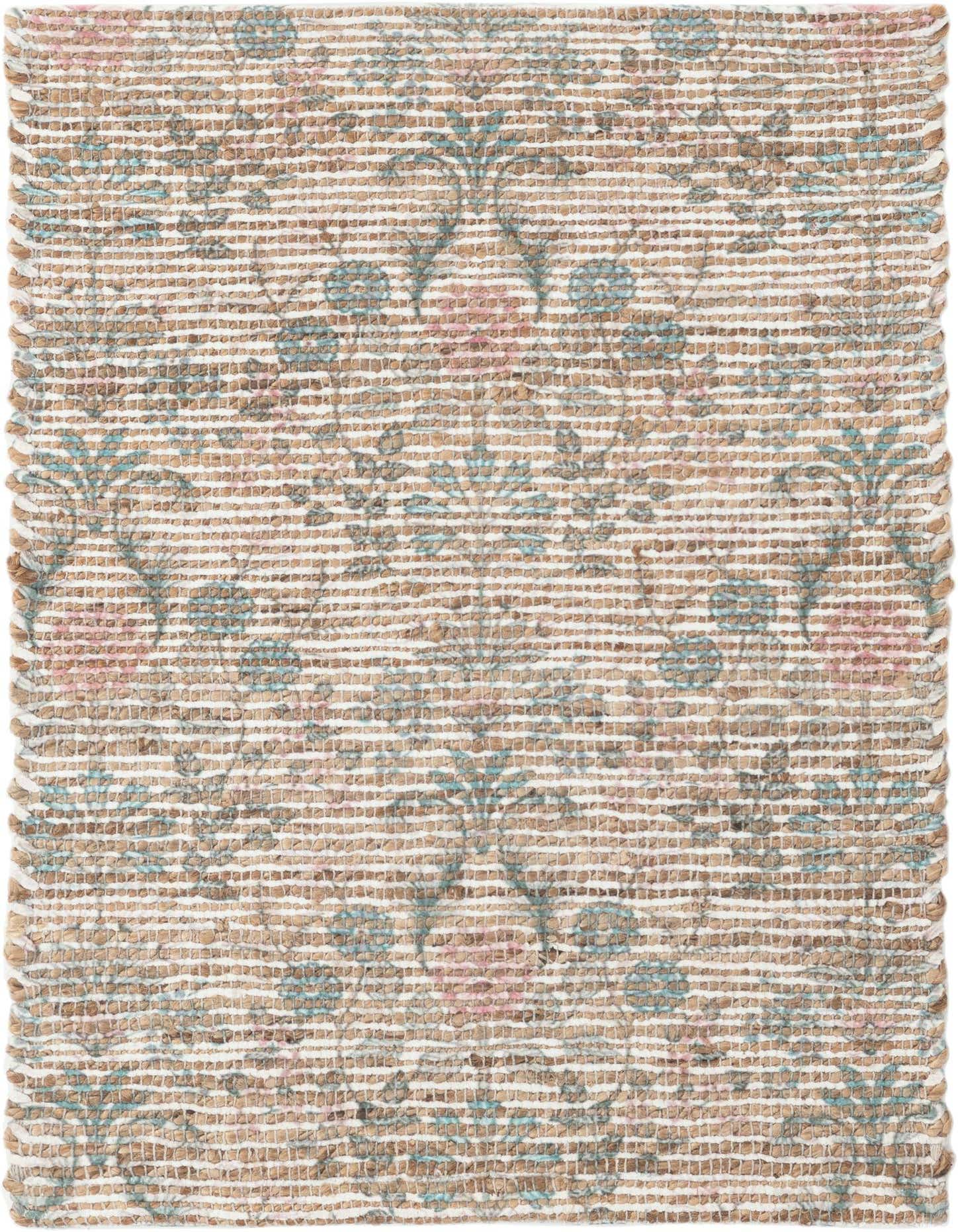 A 2x3 rectangular Chenille & Jute rug with a natural ivory and cream woven base, featuring subtle floral patterns in muted pink and teal.