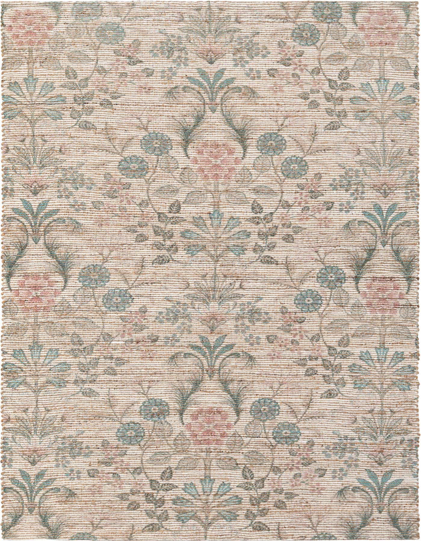 A 6x9 rectangular Chenille & Jute rug with a modern floral pattern in ivory, cream, pink, and teal.