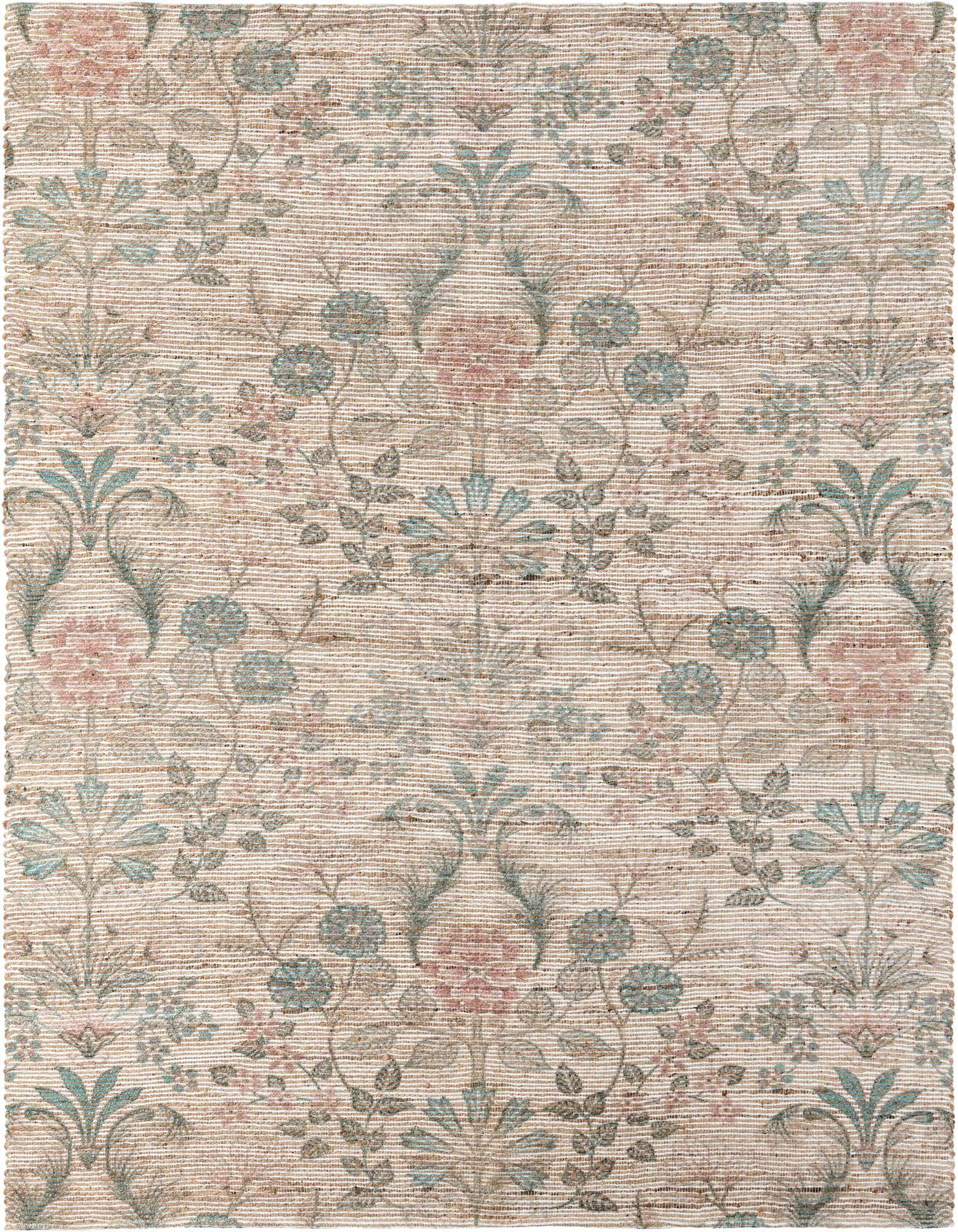 An 8x10 rectangular Chenille Jute rug featuring a modern floral pattern in soft ivory, cream, pink, and teal tones.