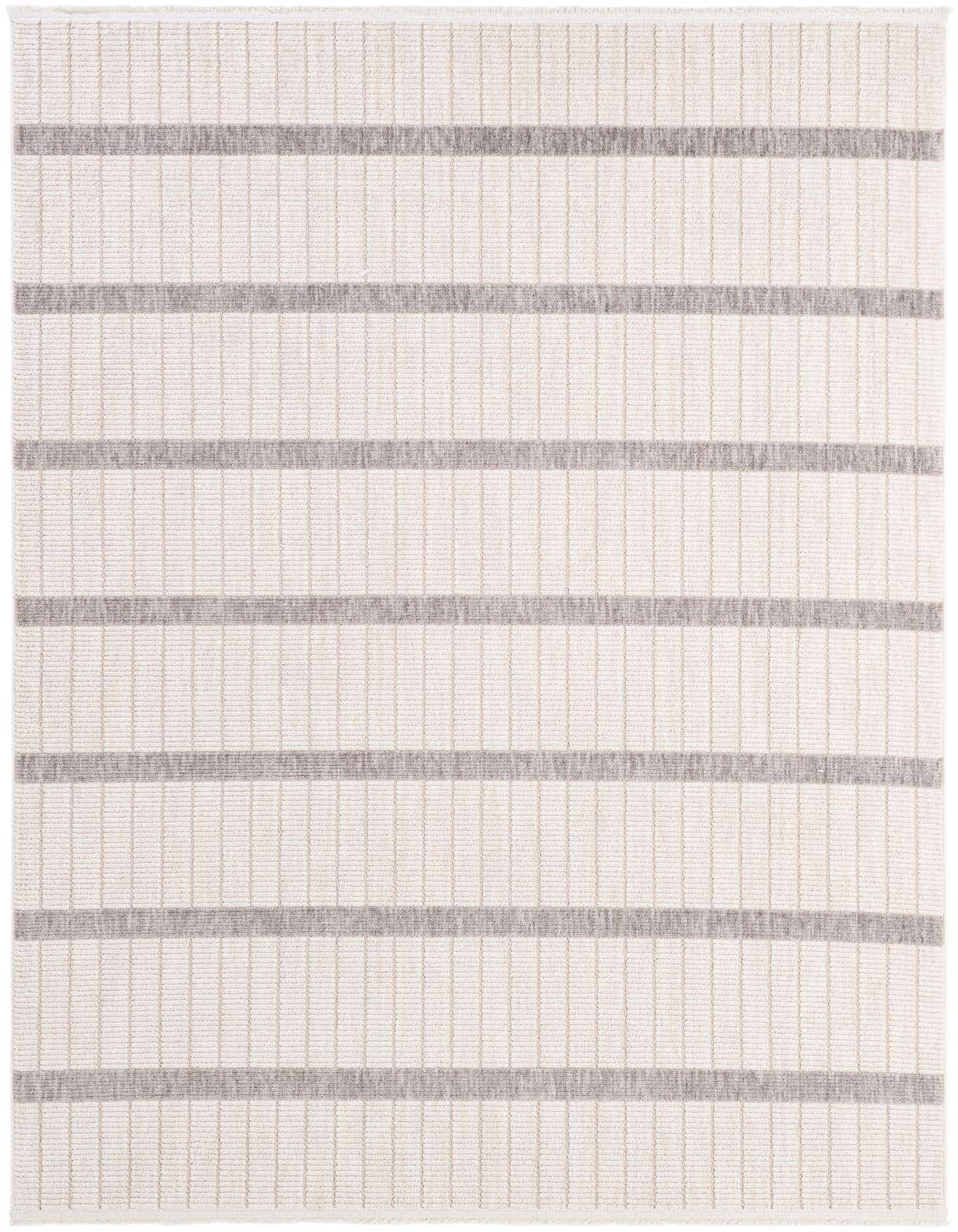 A rectangular 5x8 modern ivory area rug with a textured high pile and subtle horizontal gray stripes.