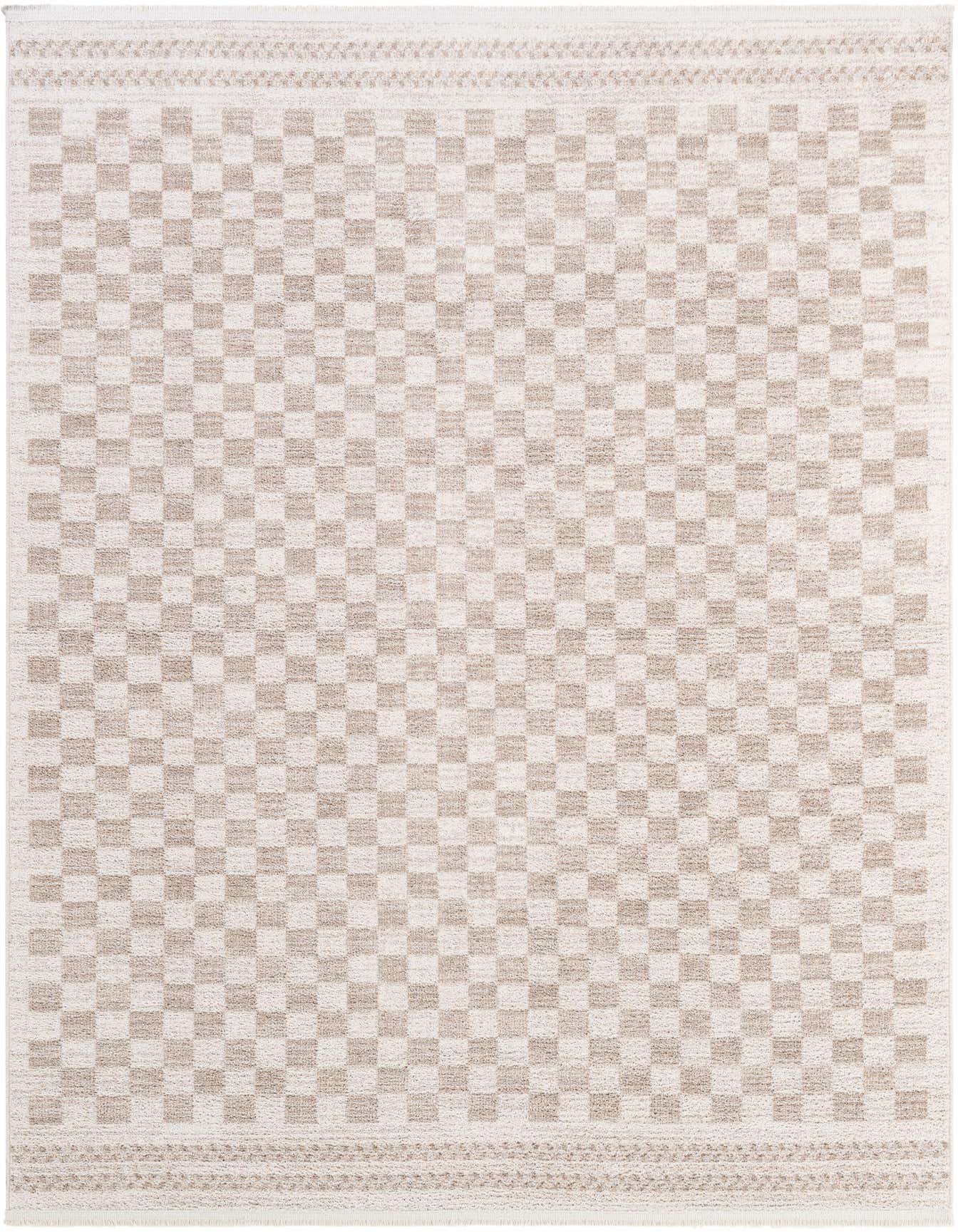 A 5x8 rectangular ivory and cream modern area rug with a checkerboard pattern and subtle border.