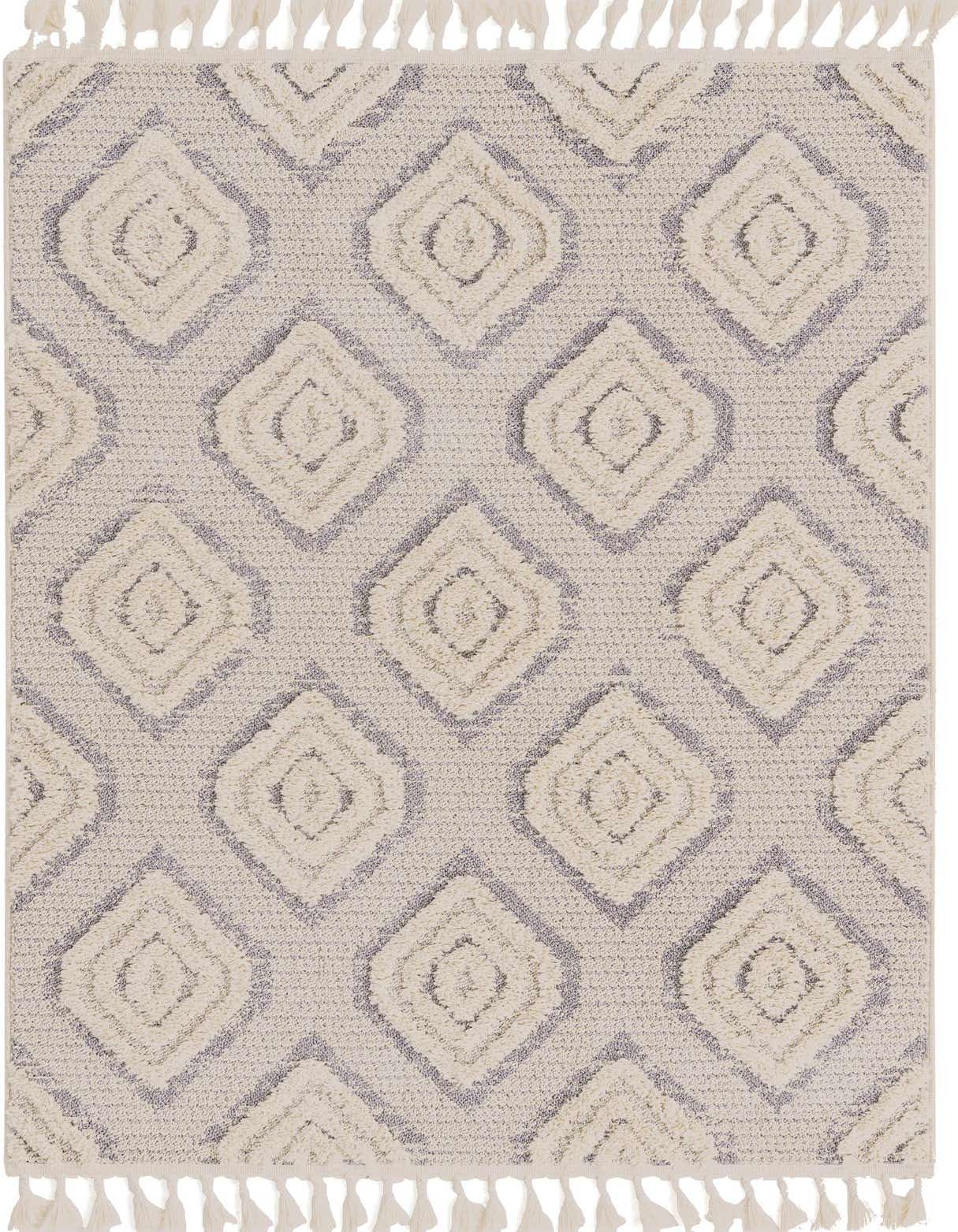 A 4x6 rectangular ivory and cream tribal rug with a textured trellis pattern and decorative tassels.