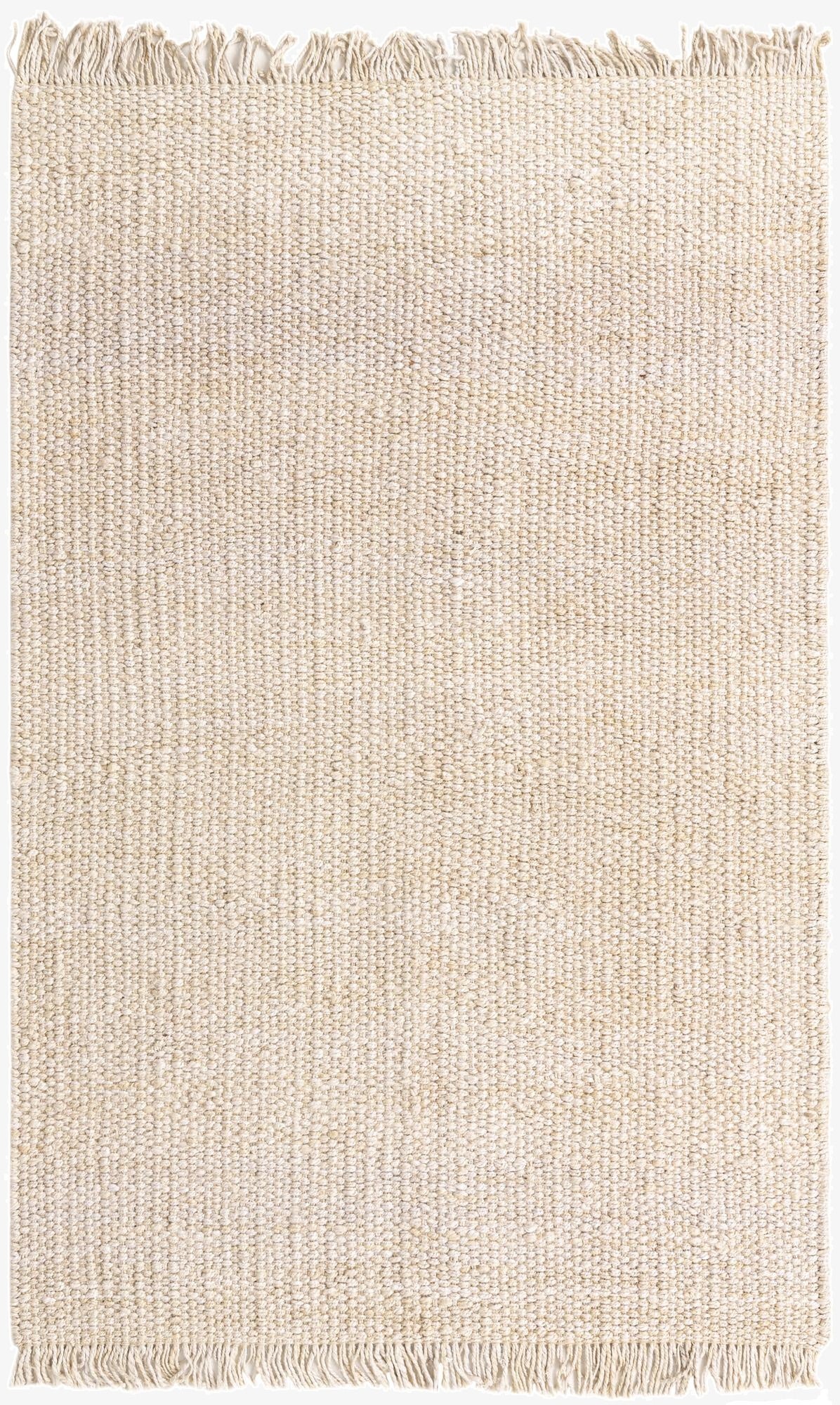 A 6x9 rectangular ivory jute rug with a textured flatweave and fringed edges, suitable for a living room.