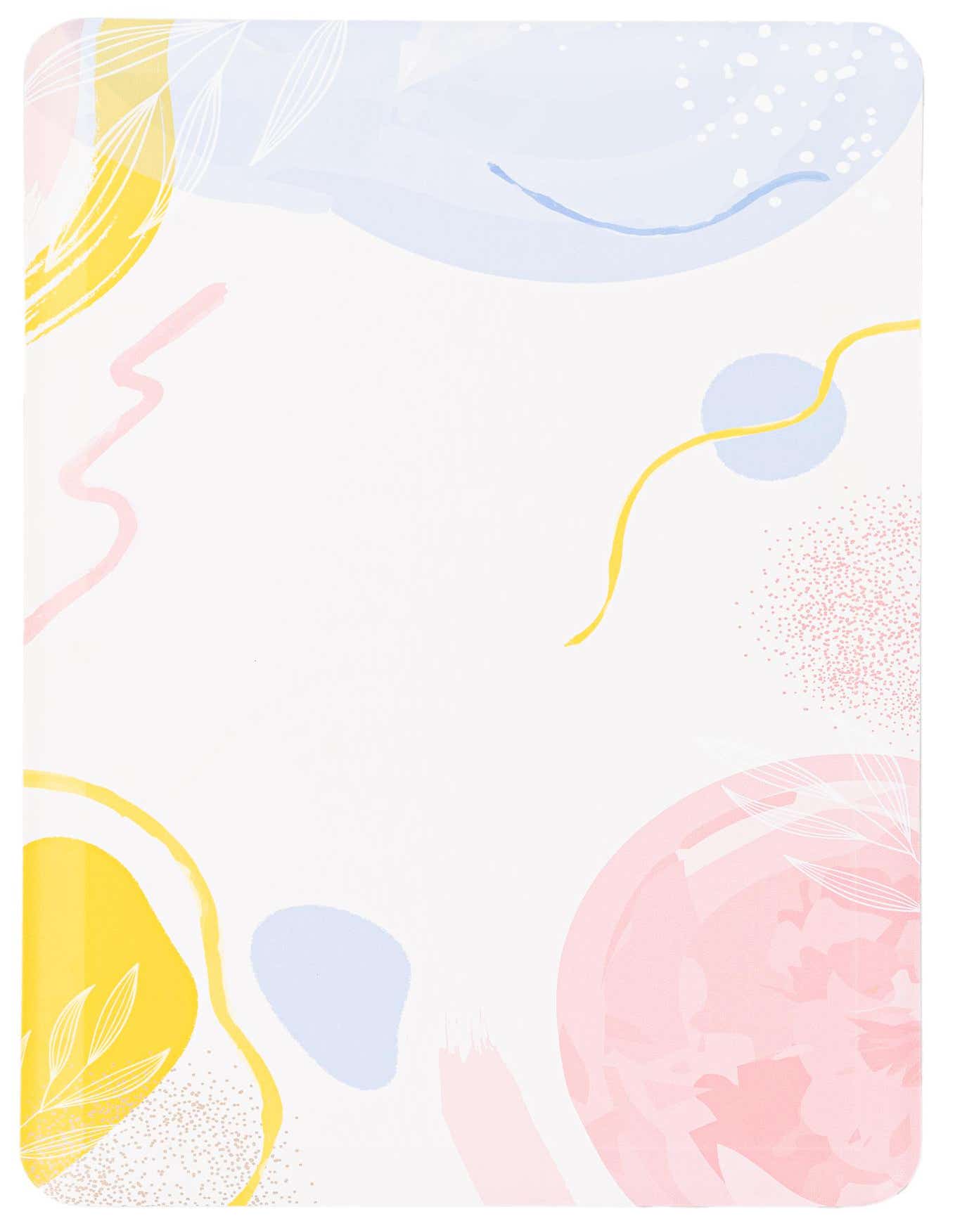 A rectangular 2x3 ivory modern rug with abstract pastel shapes in yellow, pink, and light blue.