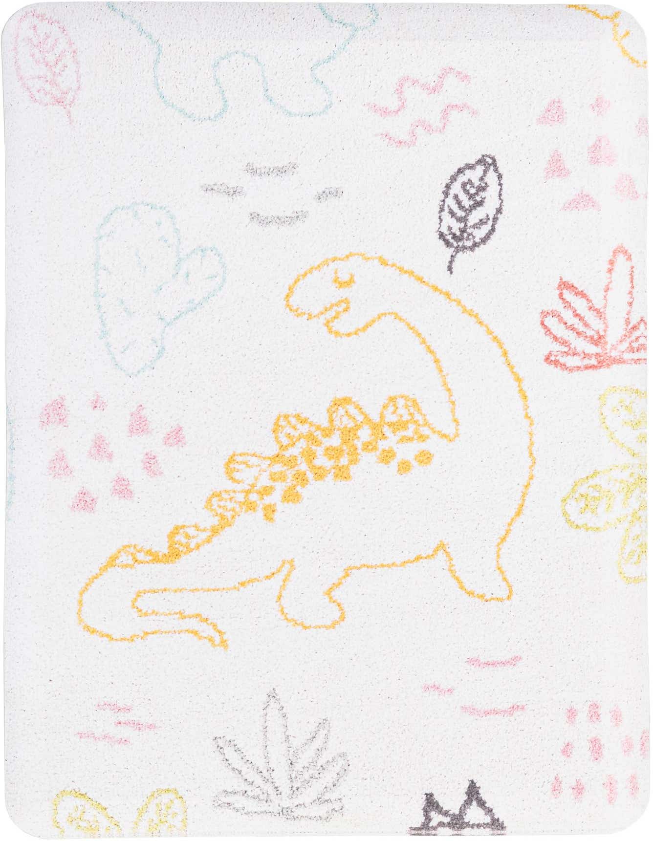 A rectangular 2x3 ivory rug with a playful, modern dinosaur pattern in yellow, blue, pink, and gray.