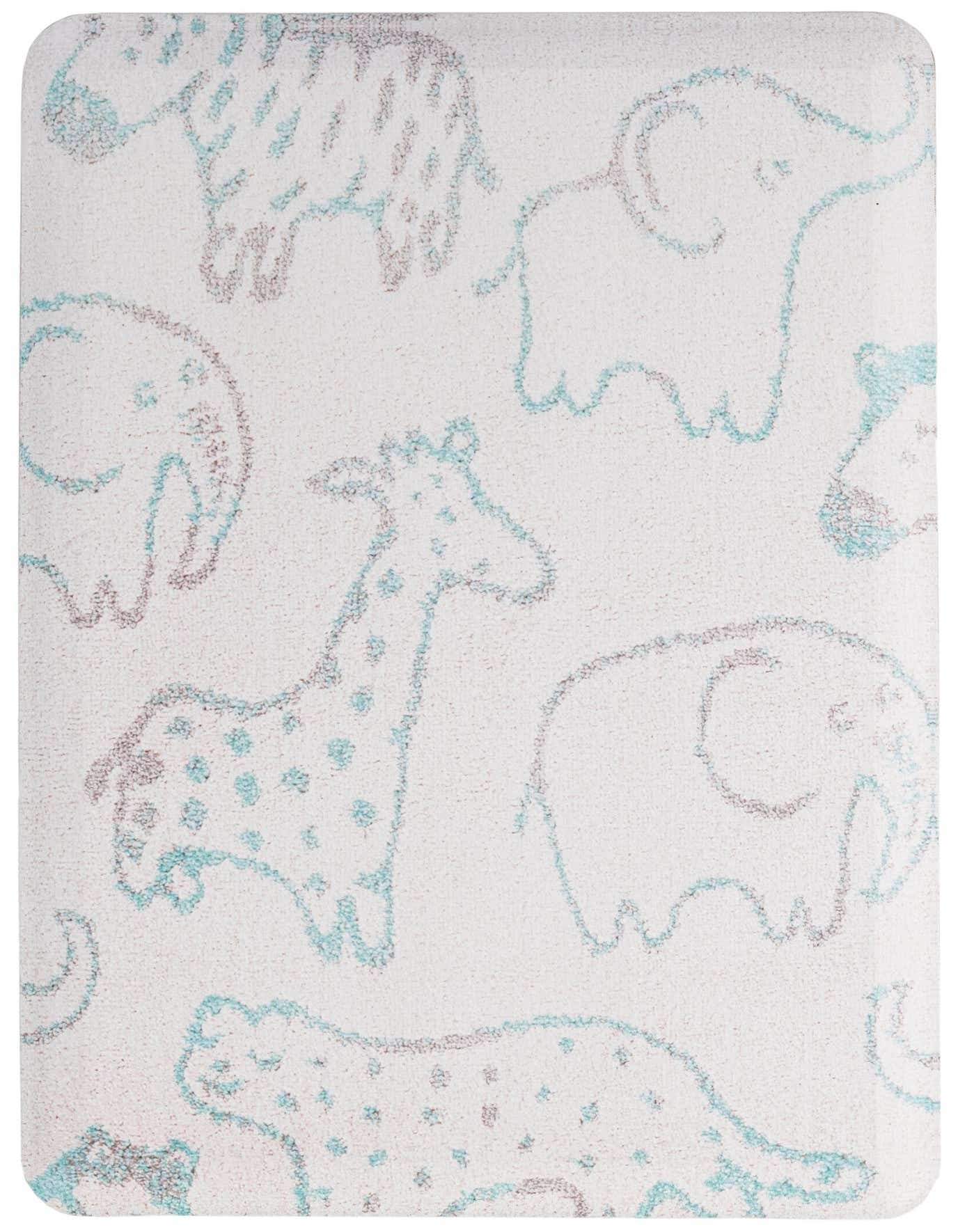 A 2x3 rectangular ivory rug featuring a playful modern pattern of outlined animals like elephants, giraffes, and leopards in light blue and brown.