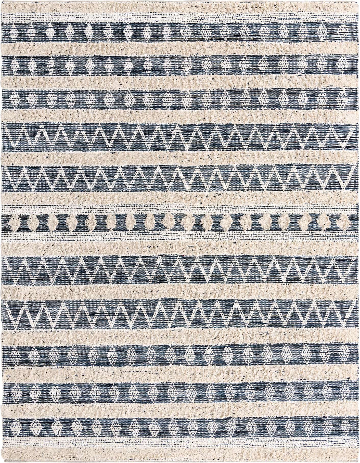 A 10x14 rectangular ivory and blue striped rug with tribal patterns and a textured, medium pile.