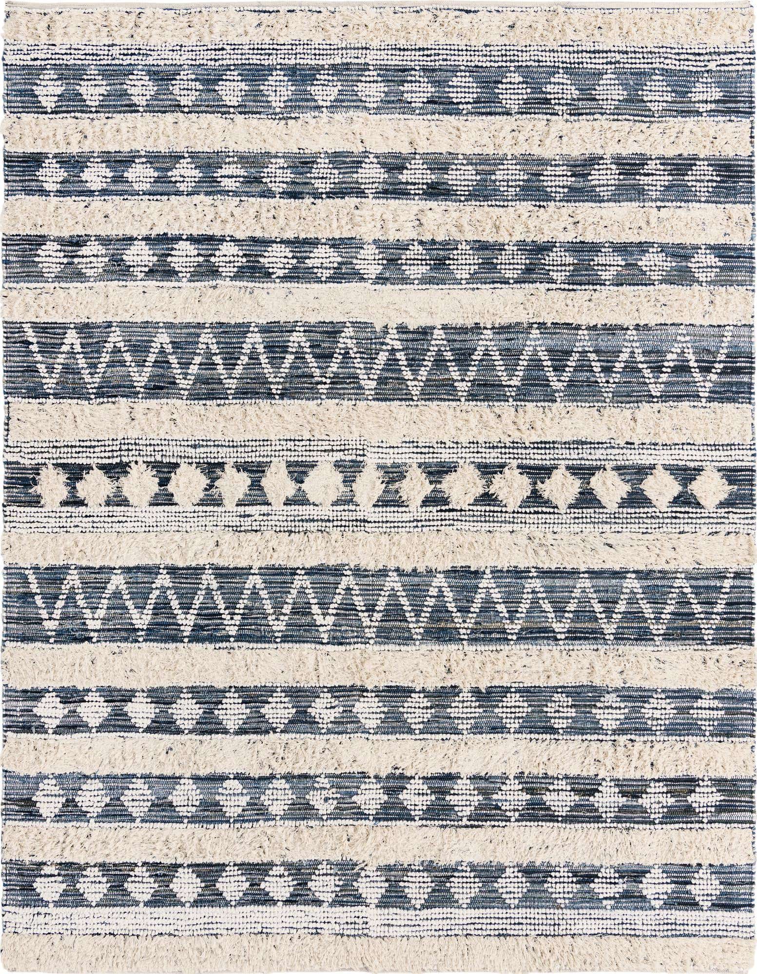 A 9x12 rectangular ivory and blue modern boho chic rug with tribal patterns and textured pile.