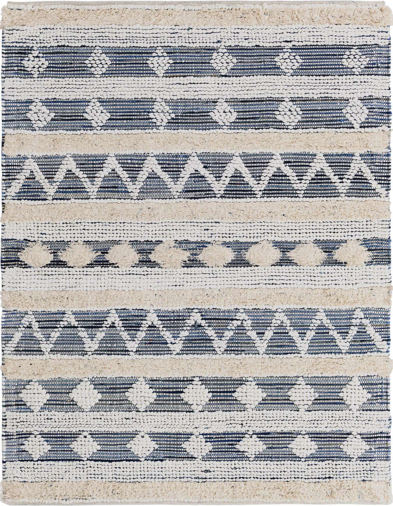 A 5x8 rectangular ivory and blue modern boho chic cotton rug with tribal geometric patterns and a textured pile.