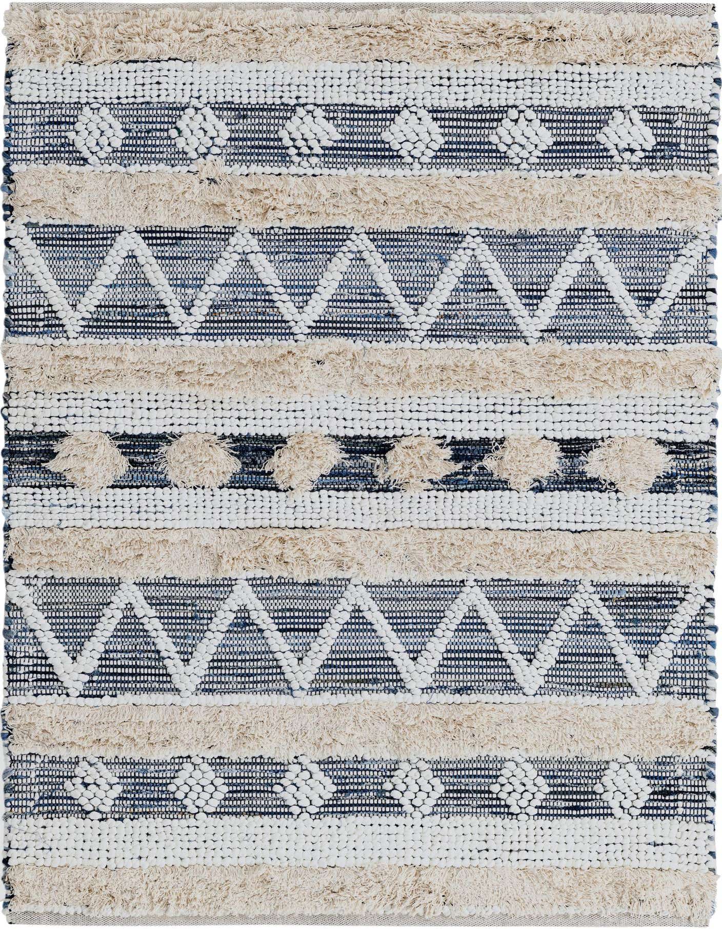 A 4x6 rectangular Cotton Chindi rug featuring ivory and cream stripes with textured white geometric patterns and blue accents.