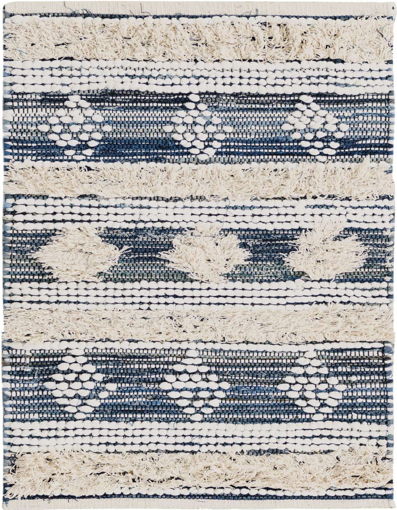 A 2x3 rectangular Rugs.com Cotton Chindi rug featuring ivory and cream textured stripes with blue woven accents and tribal patterns.