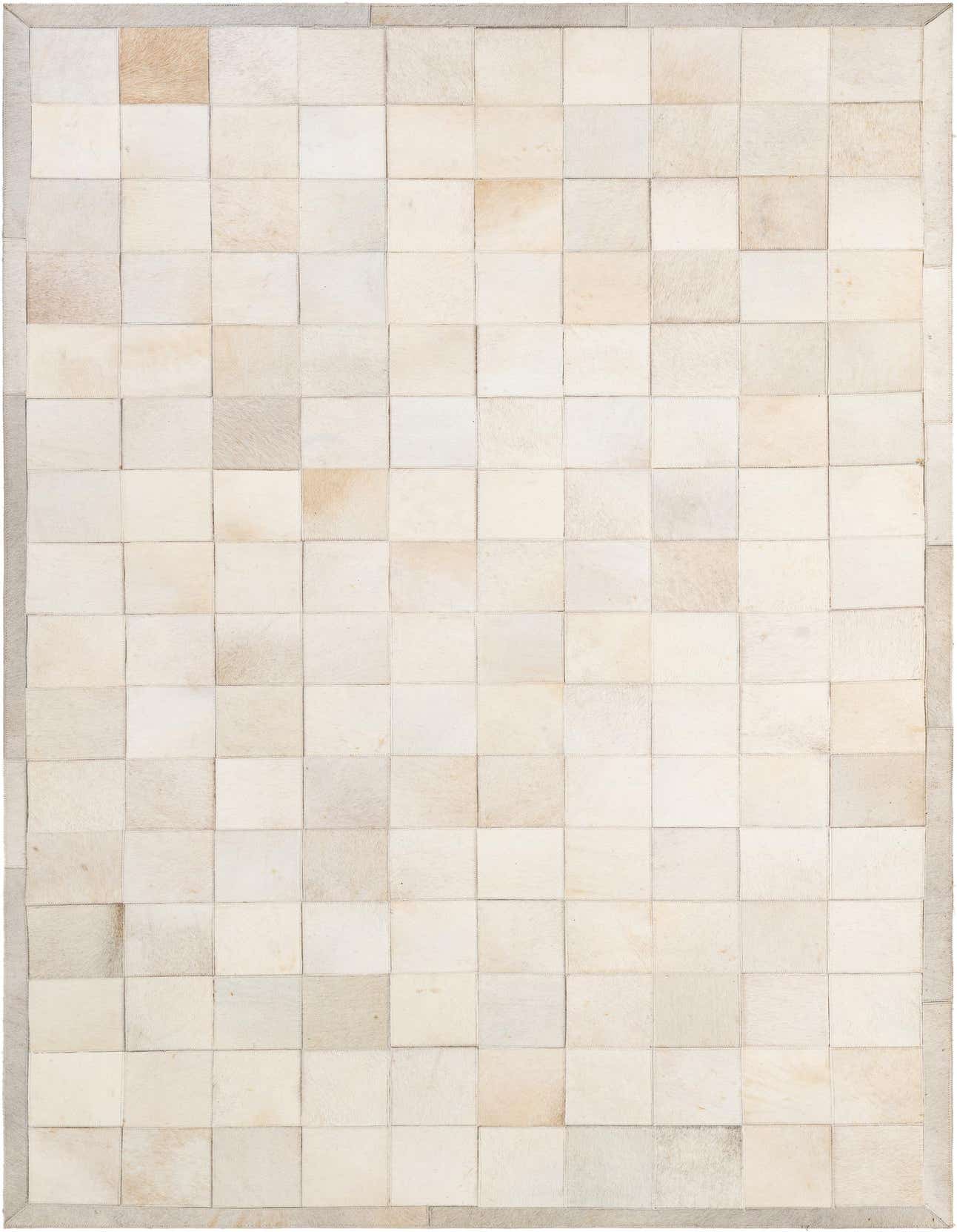 A 5x8 rectangular modern ivory and cream patchwork cowhide rug, handmade with varying natural tones.