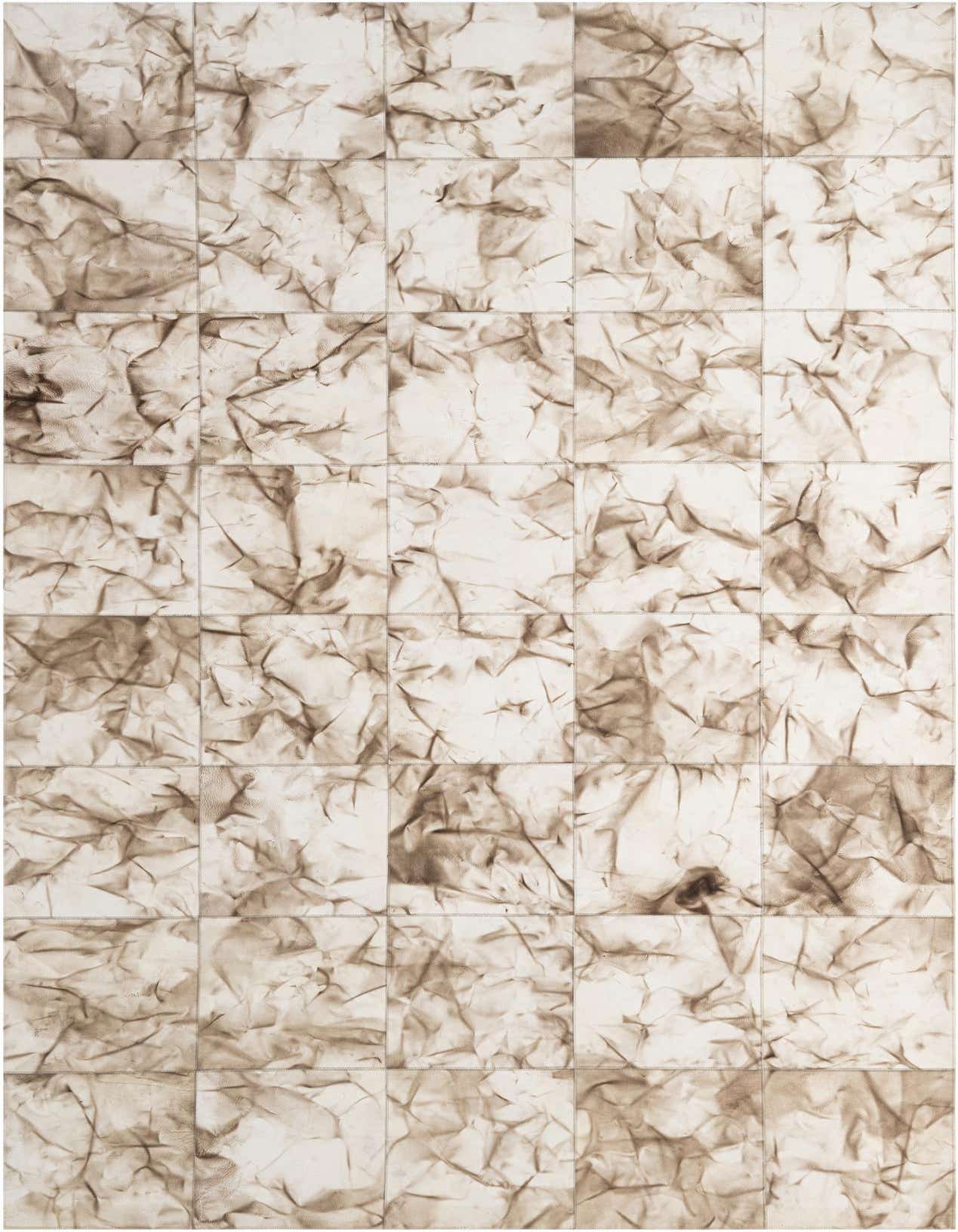 A 5x8 rectangular ivory and cream cowhide rug with a modern, abstract patchwork design, ideal for a living room.