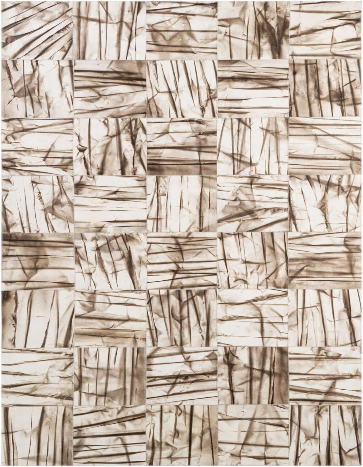 A 5x8 rectangular Cowhide Patchwork rug featuring a modern abstract pattern in ivories, creams, and whites, ideal for a living room.