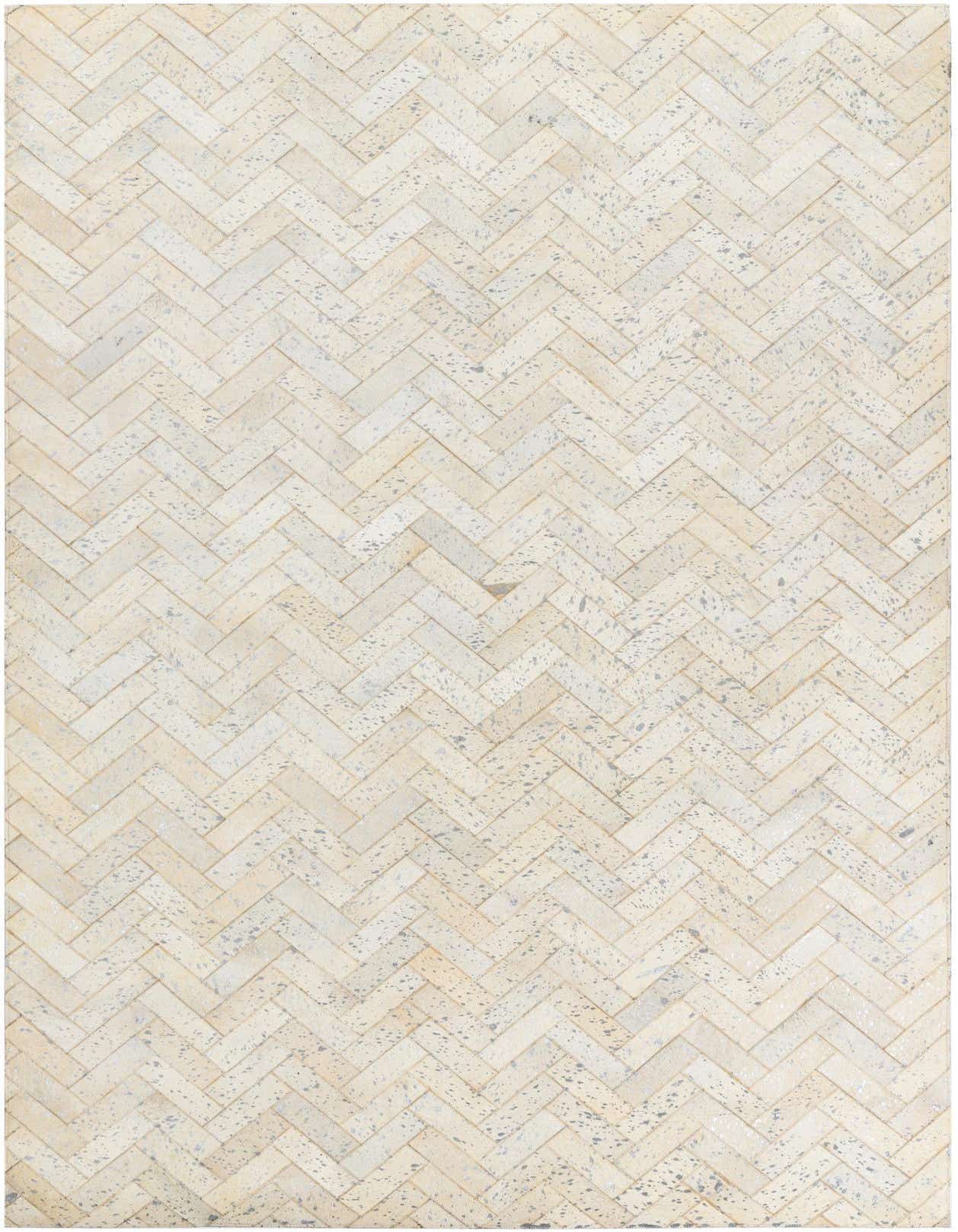 A 5x8 rectangular ivory and cream cowhide leather rug with a modern herringbone stripe pattern.