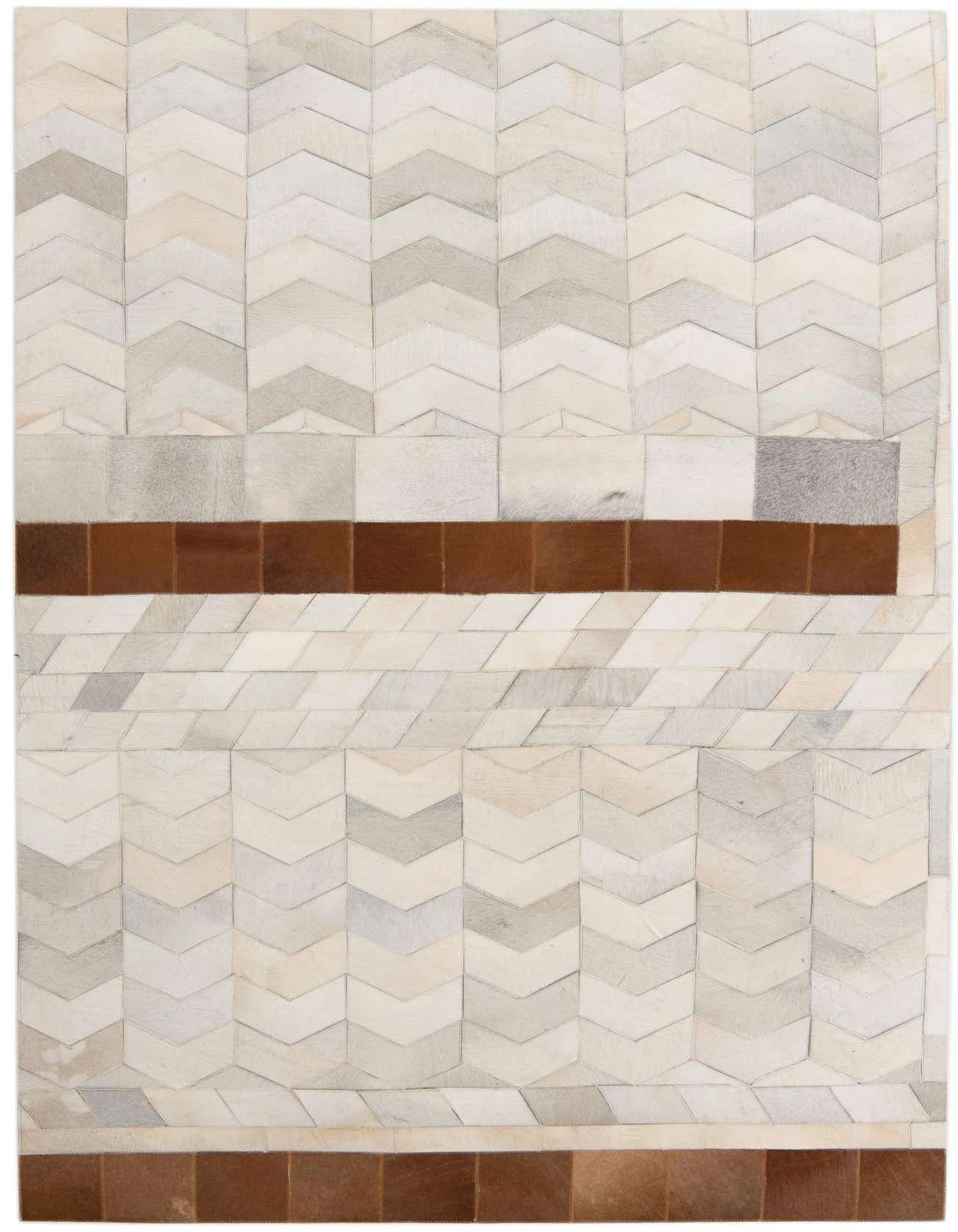 A 5x8 rectangular Cowhide Leather rug featuring a modern chevron pattern in shades of ivory and white, accented by two horizontal brown leather stripes.