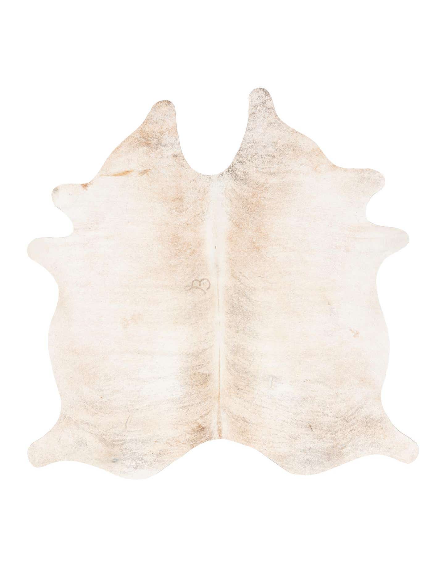 A 5x7 rectangular ivory and cream cowhide leather rug with natural, irregular edges and a flat pile.