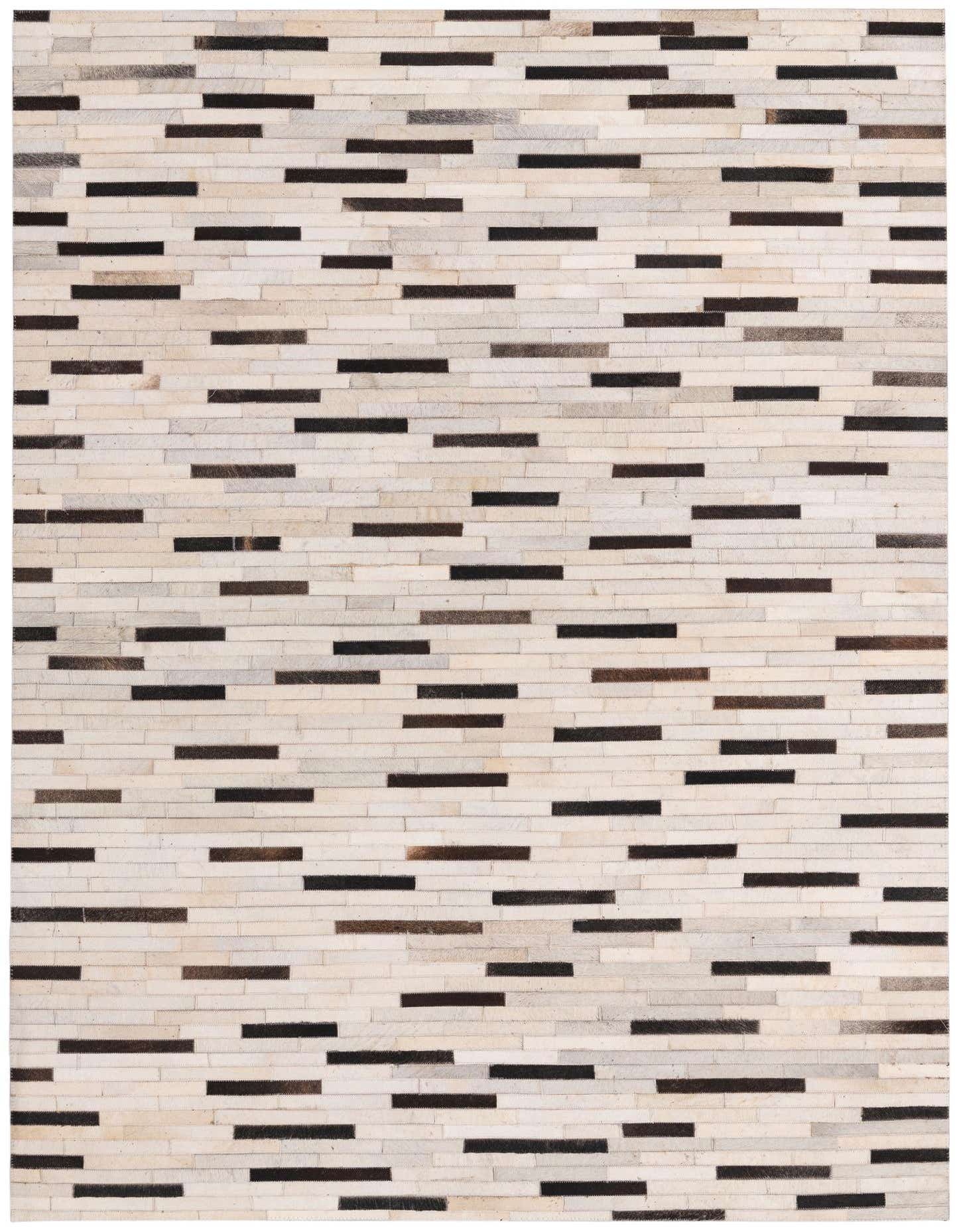 A 5x8 rectangular ivory and cream cowhide rug featuring a modern stripe pattern with varying dark brown horizontal bars.