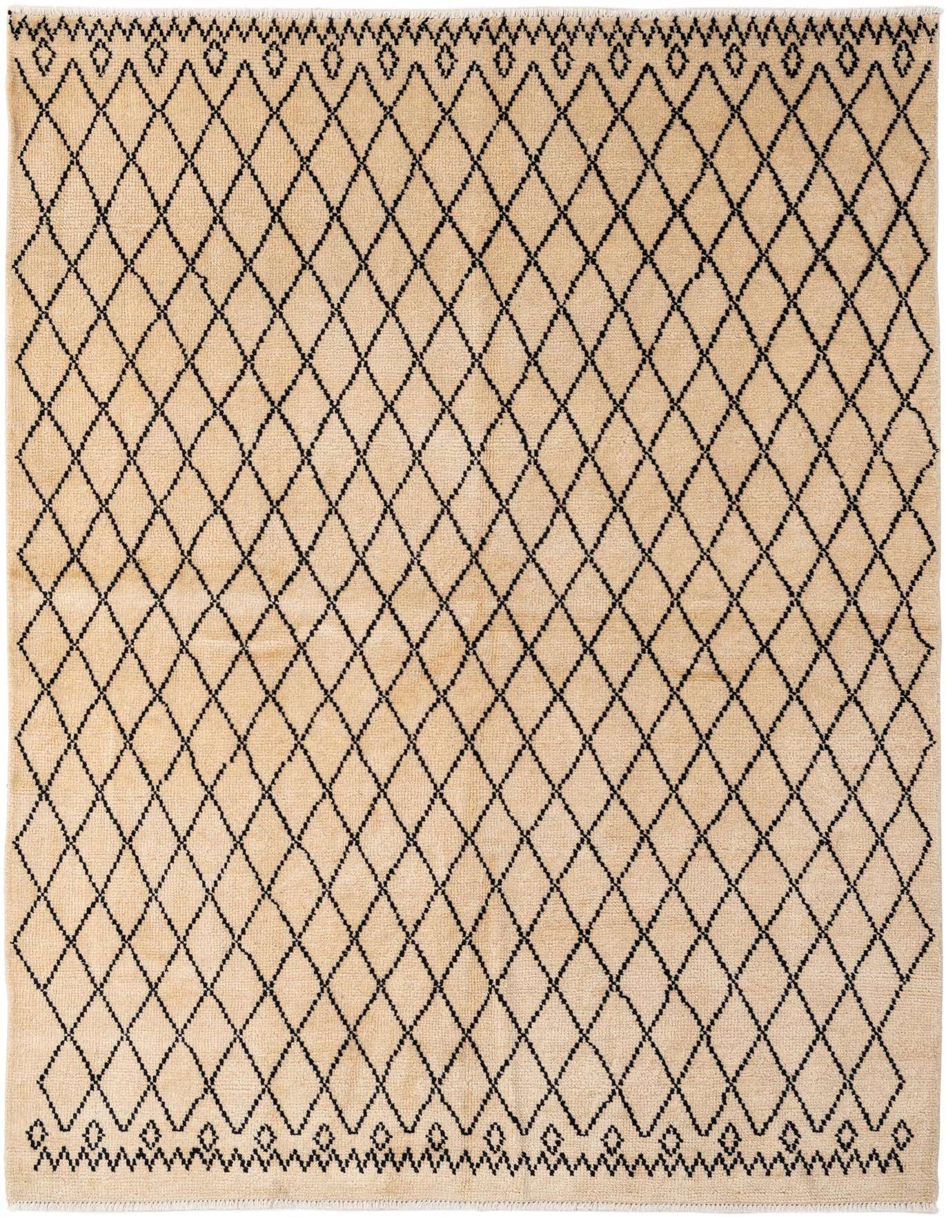 A 5x7 rectangular ivory modern wool rug with a black diamond pattern and decorative borders.