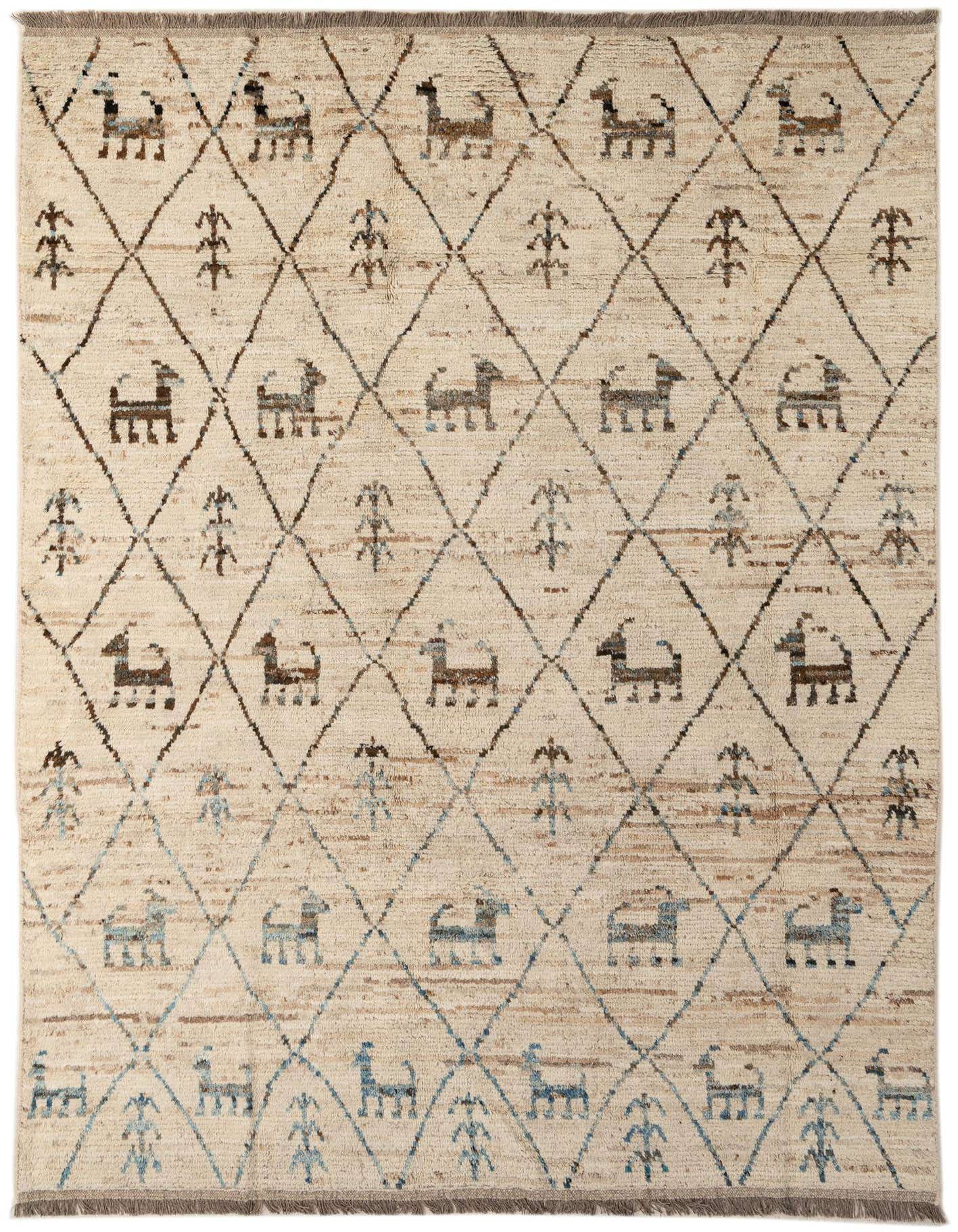 A 6x9 rectangular ivory wool rug with a modern abstract pattern of brown and blue animal and tree motifs within a diamond lattice.