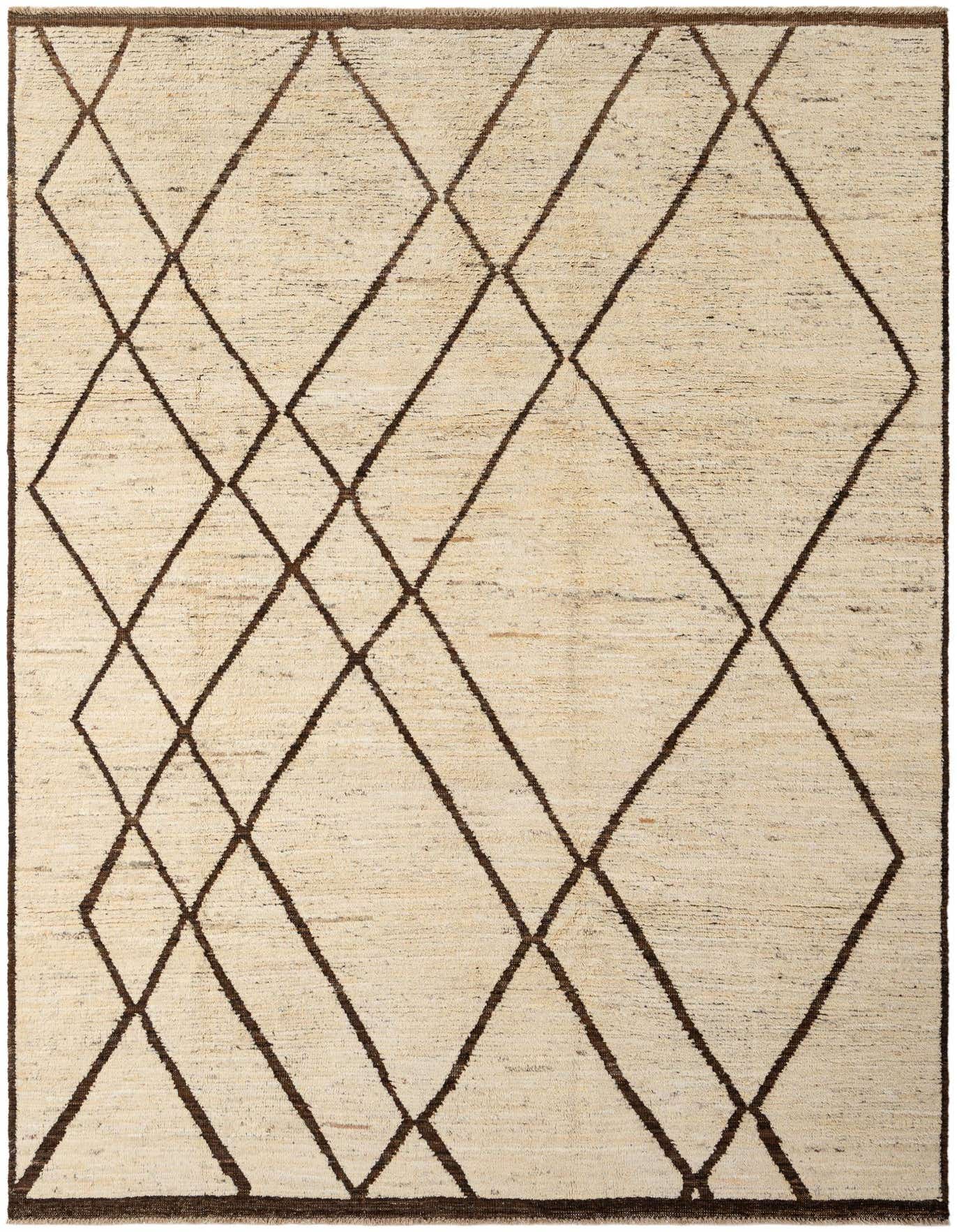 A 7x10 rectangular Darya rug in ivory and cream with a modern dark brown diamond pattern, suitable for a living room.