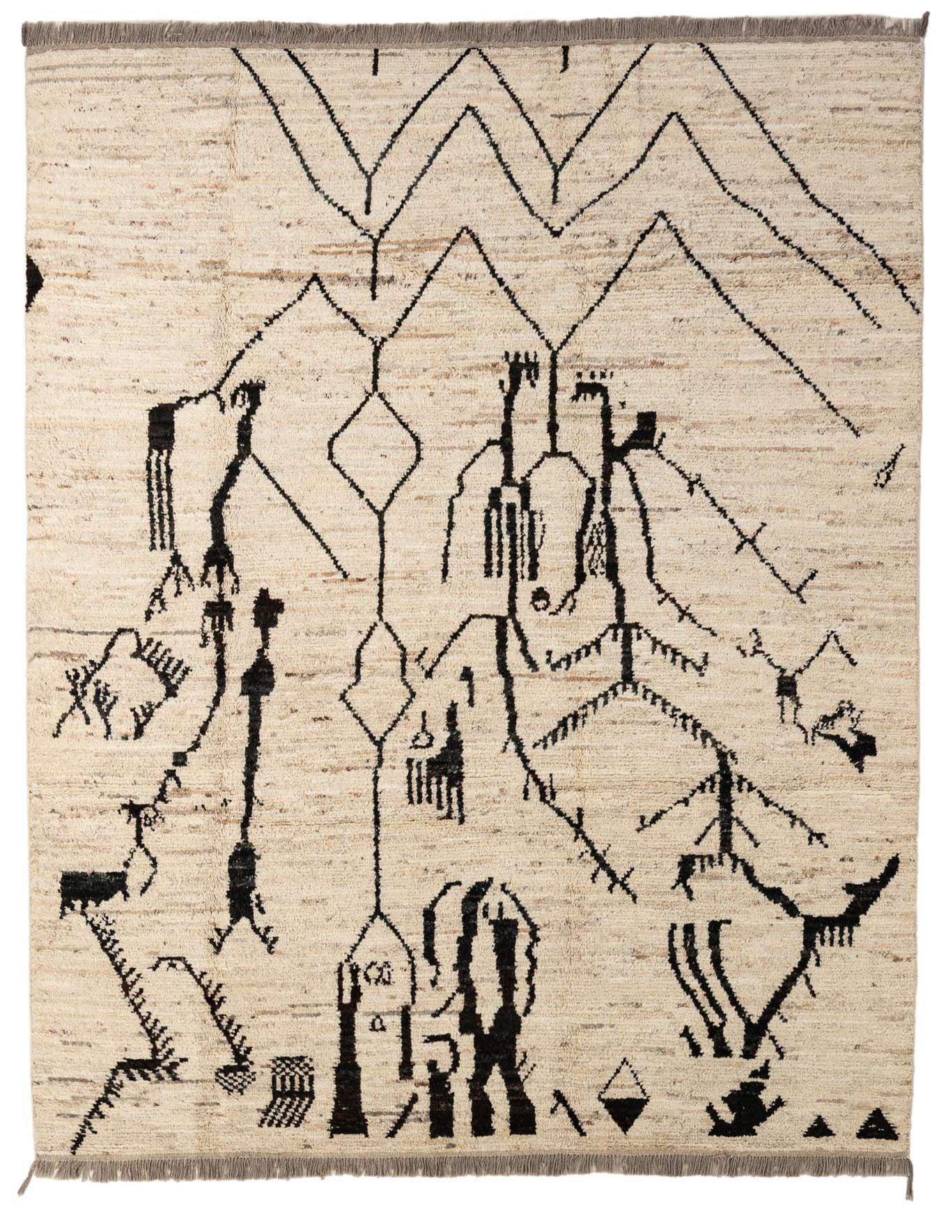 A 7x10 rectangular ivory wool rug with a medium pile, featuring an abstract black pattern of lines and shapes.