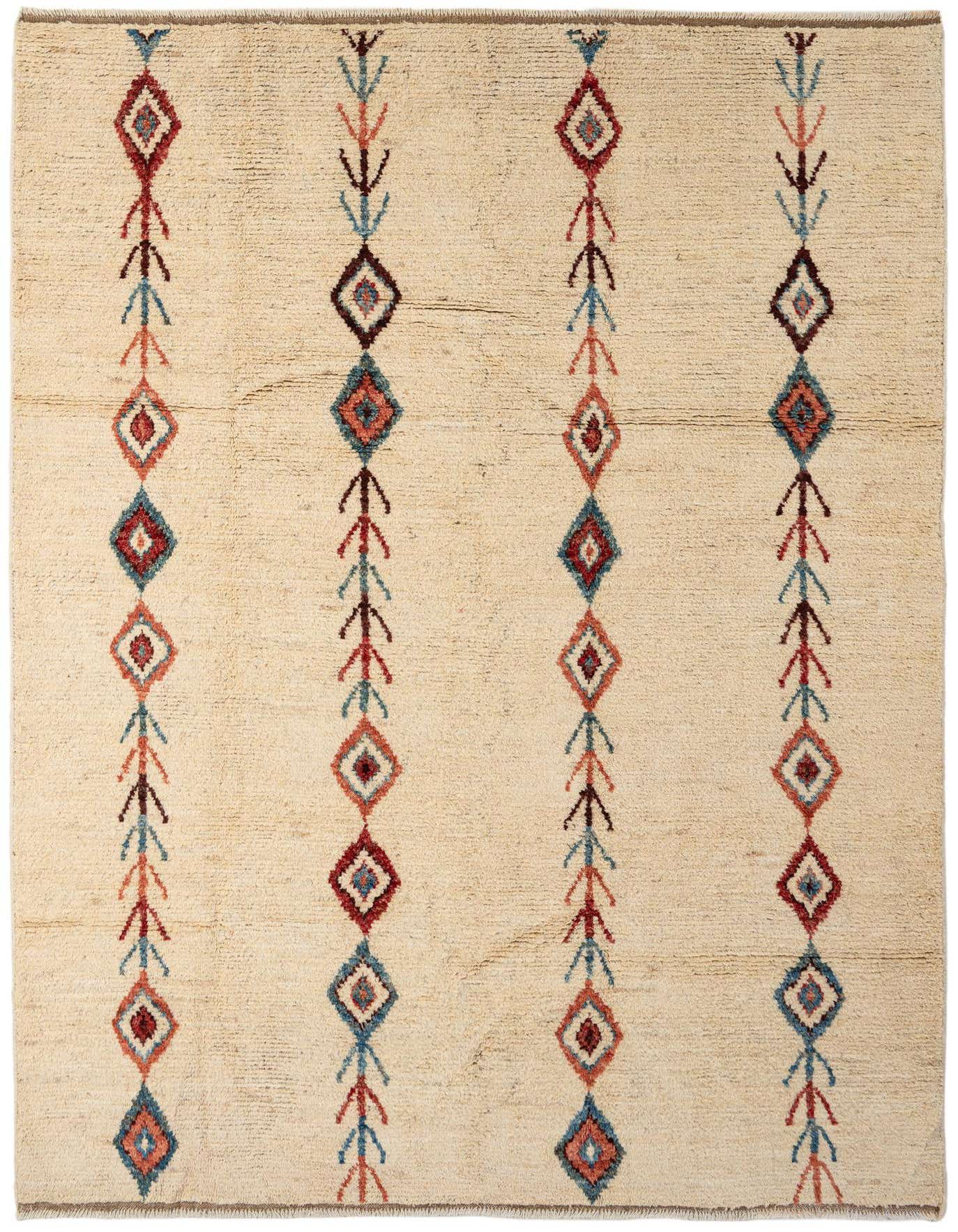 A 6x9 rectangular ivory wool rug with vertical rows of modern geometric diamond and arrow patterns in red, blue, and brown.