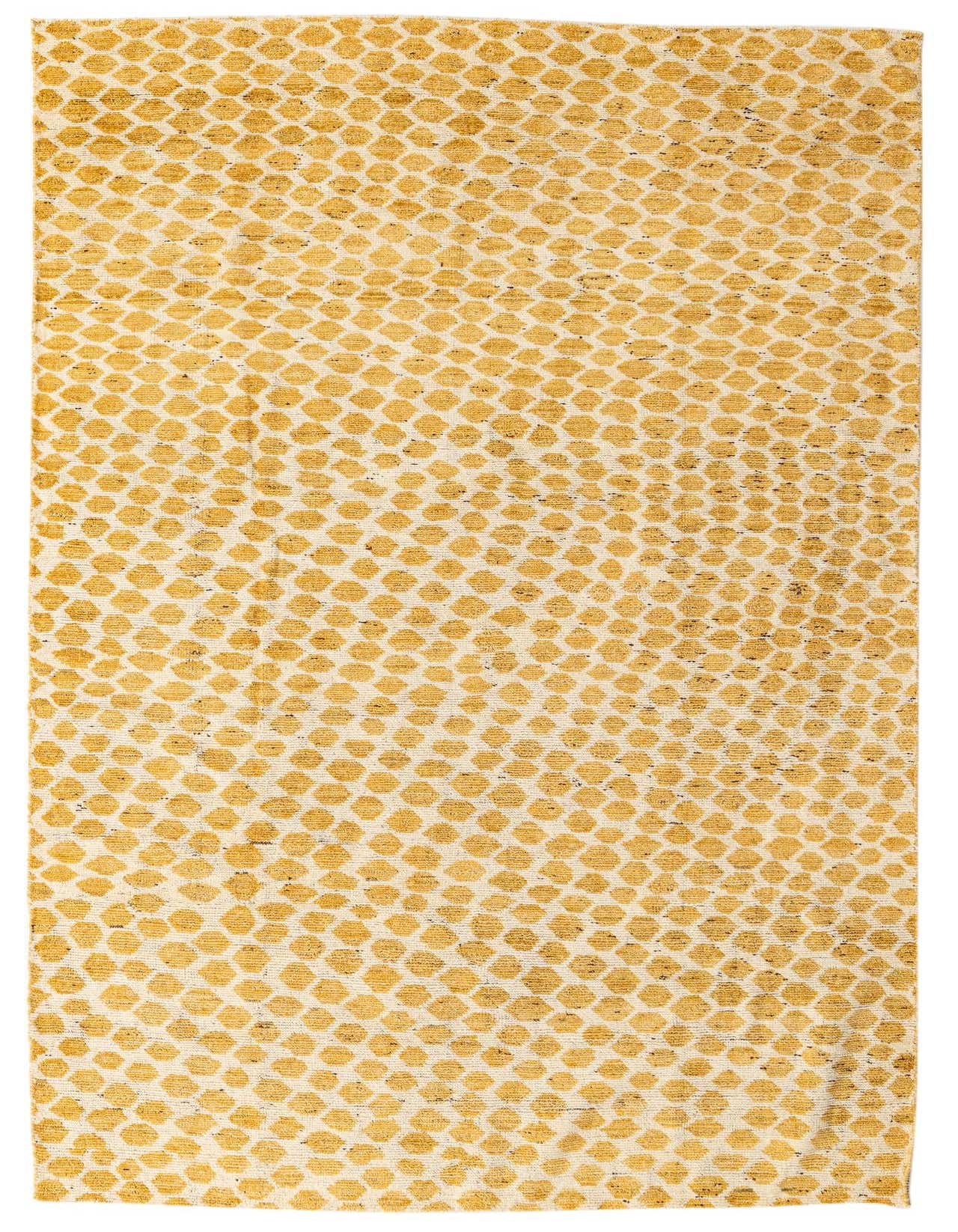 A 6x9 rectangular Darya rug with an abstract pattern of ivory and cream dots on a white background, suitable for a living room.