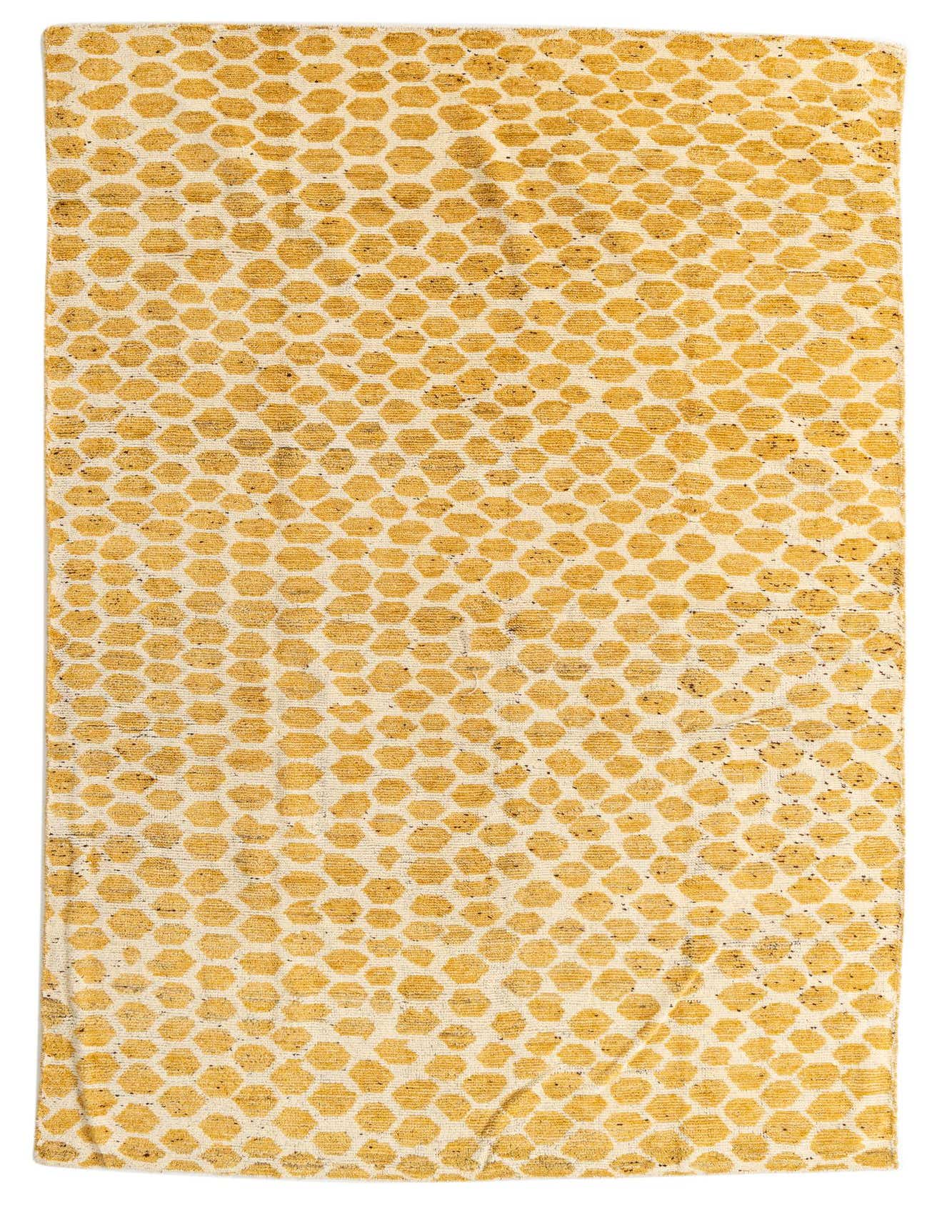 A 6x9 rectangular Darya rug with an abstract modern pattern in ivory and cream wool, featuring a high pile.