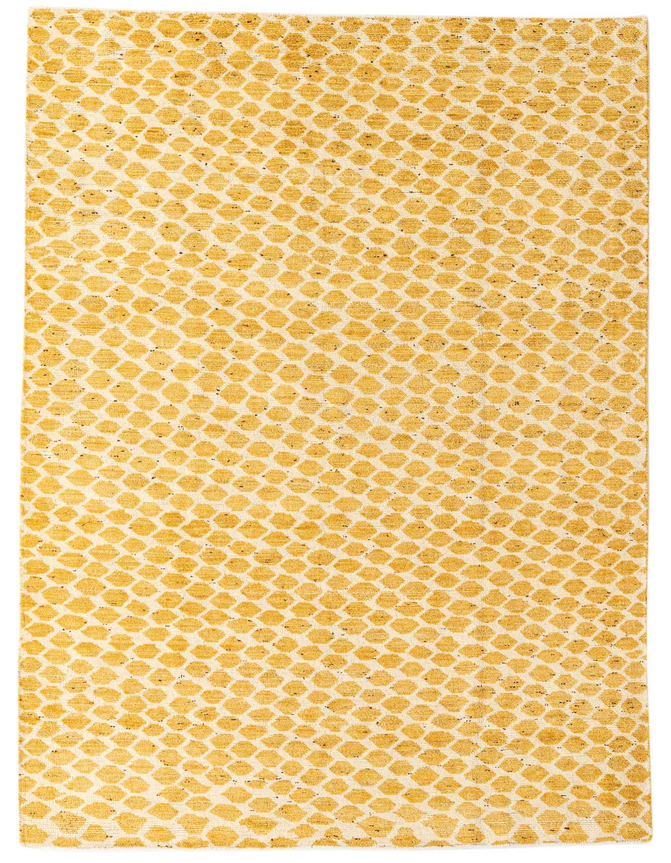 A 6x9 rectangular Darya rug with a modern abstract pattern of small, textured gold shapes on an ivory background.