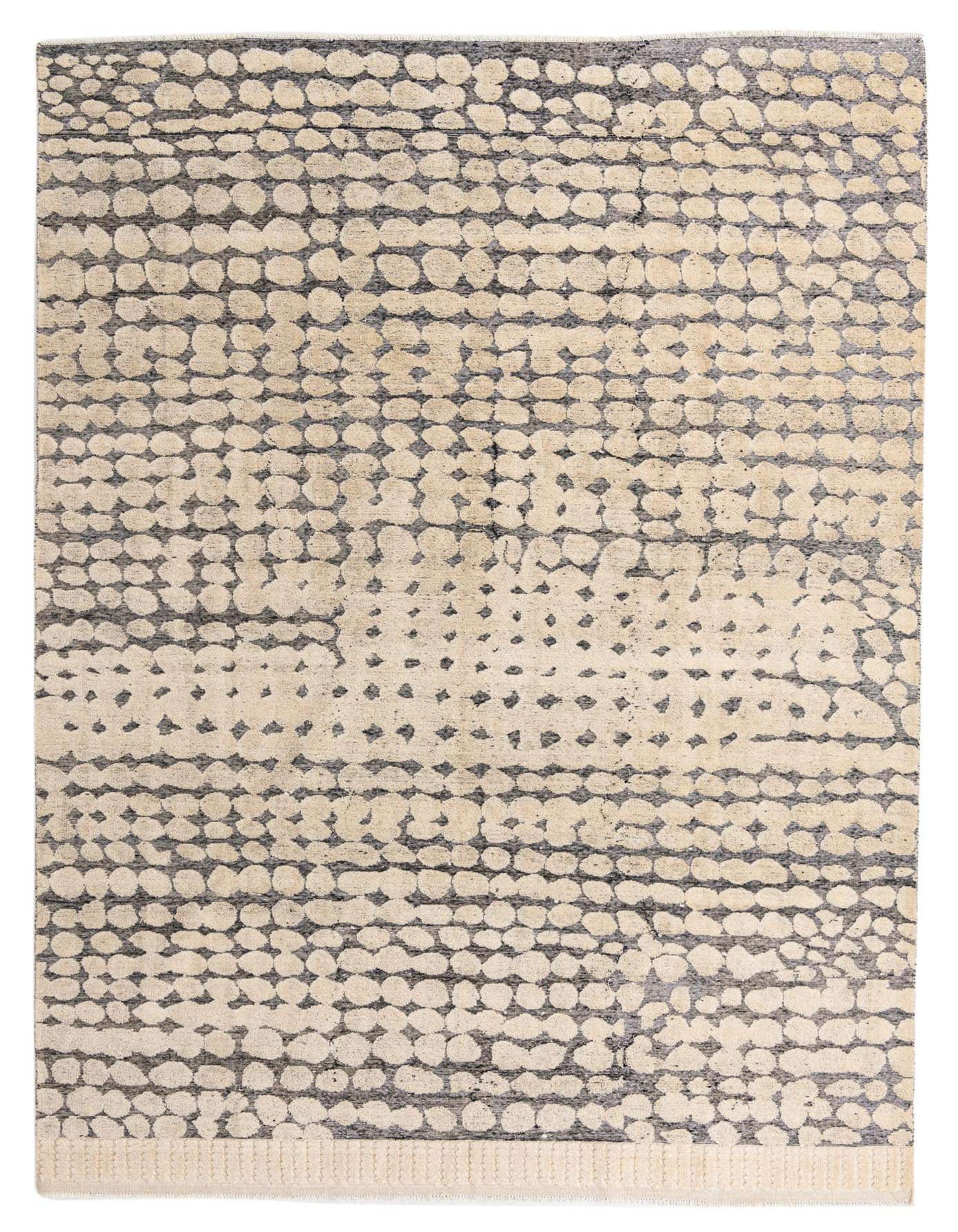 A 9x12 rectangular ivory and gray modern wool rug with an abstract dotted pattern and textured pile.