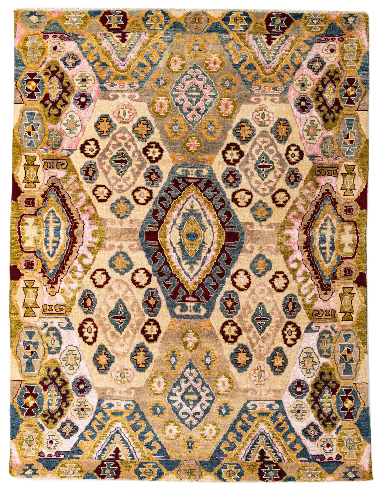 A 7x10 rectangular Darya rug with a modern abstract pattern in ivory, cream, blue, pink, and gold tones.