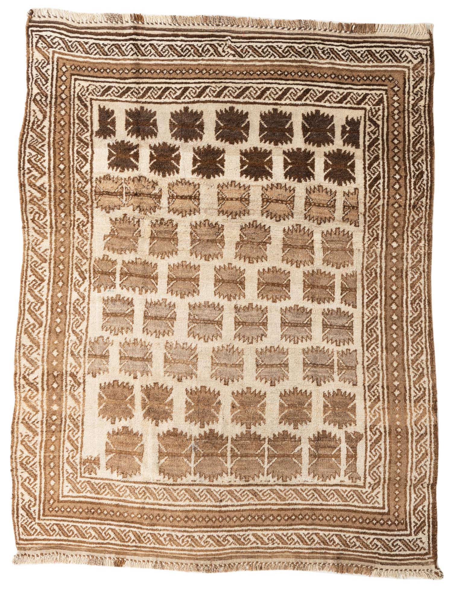 A 6x9 rectangular Darya rug in ivory and brown, featuring a modern abstract pattern and decorative border.