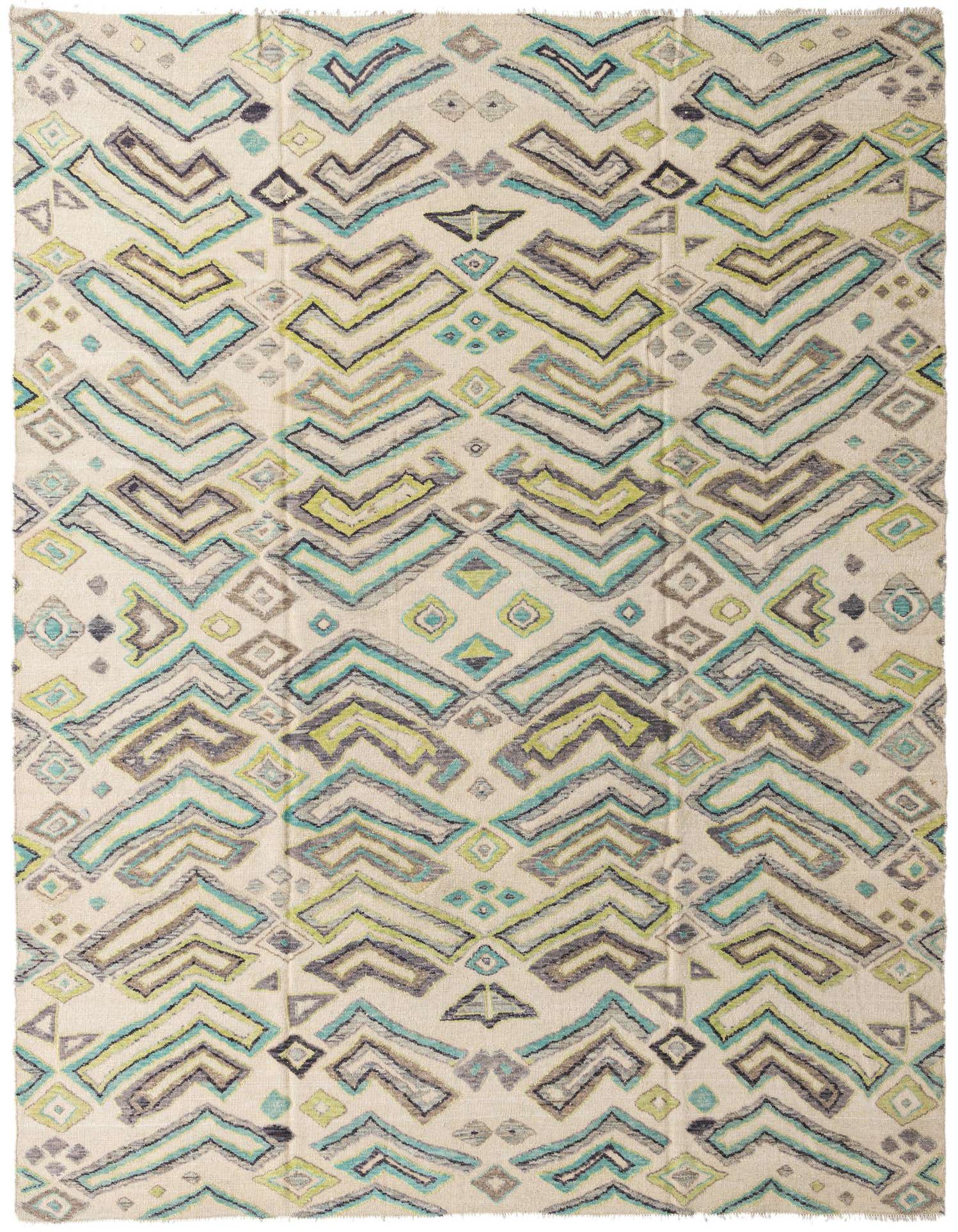 A 9x12 rectangular ivory wool rug with a modern abstract pattern in teal, lime green, and gray, perfect for a living room.