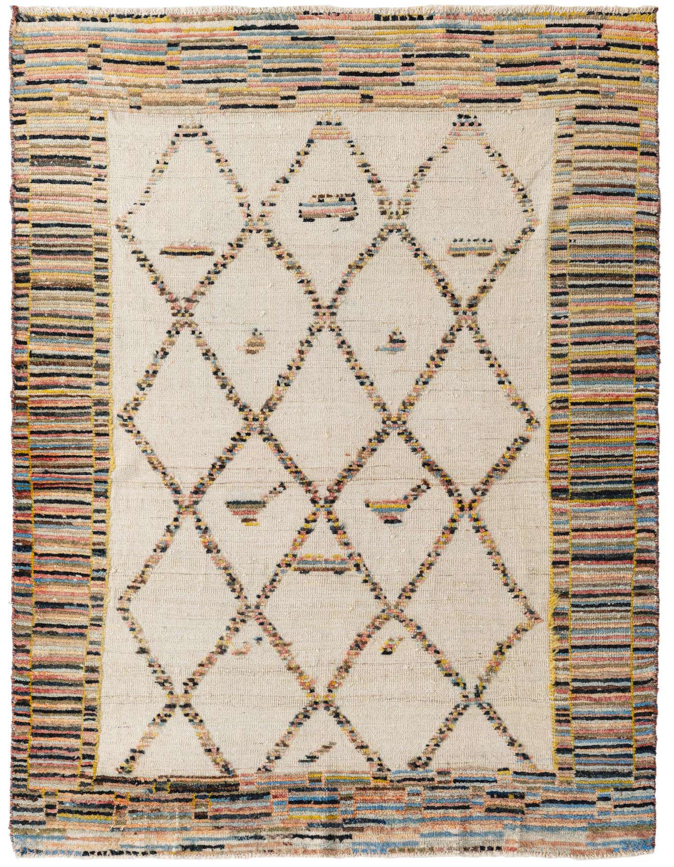 A 5x8 rectangular ivory wool rug with a modern abstract diamond pattern and colorful striped borders.
