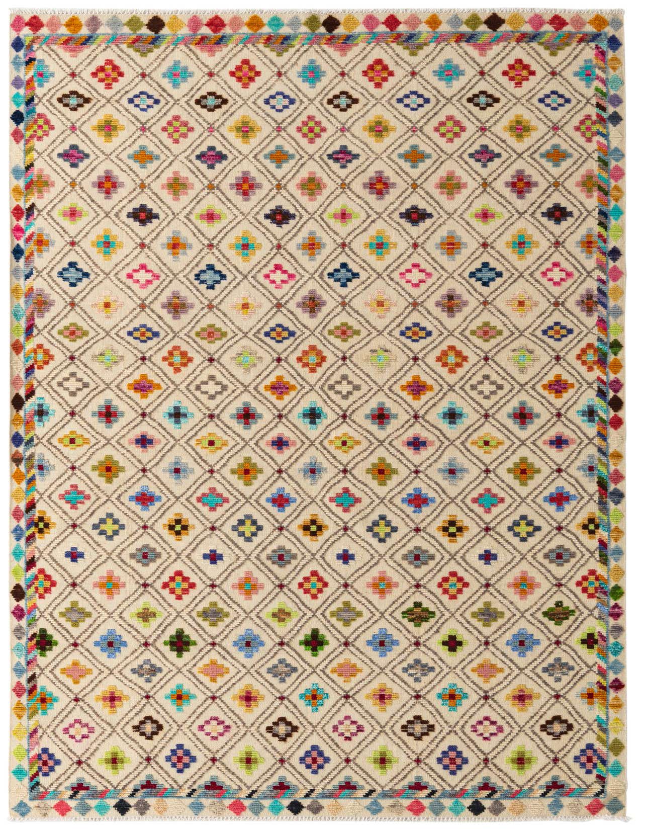 A 7x10 rectangular Darya rug with an ivory background and a colorful modern abstract diamond pattern, suitable for a living room.