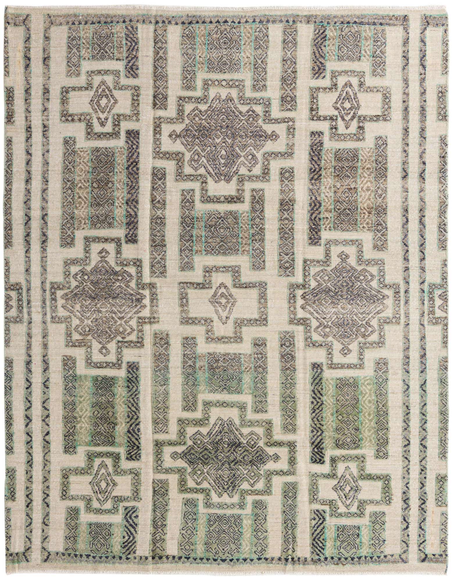 An 8x10 rectangular ivory wool rug with a modern oriental abstract pattern in shades of gray, cream, and subtle teal accents.