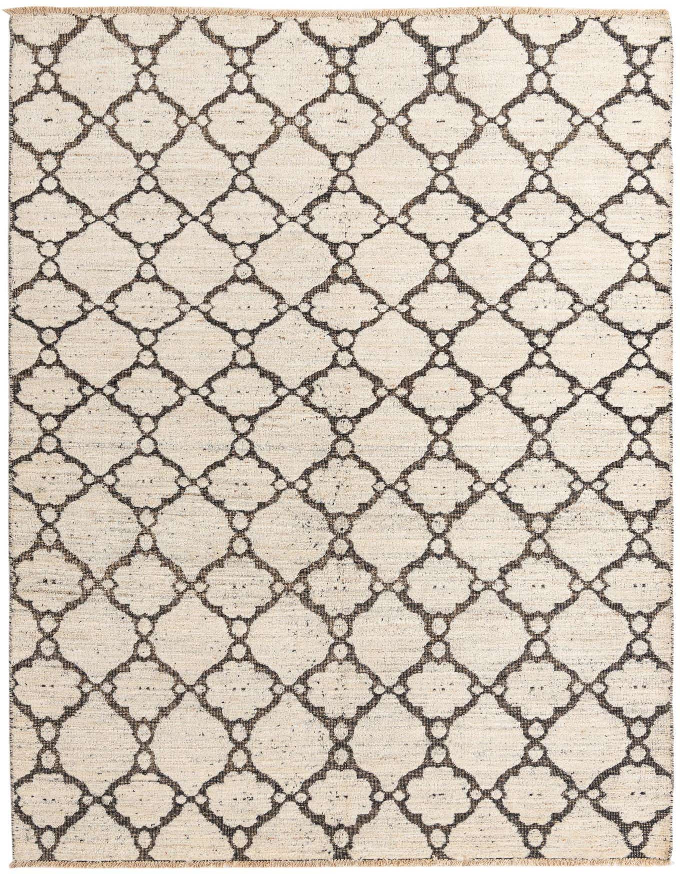 A 6x9 rectangular Darya rug with an ivory and cream background and a dark abstract geometric pattern, suitable for a living room or office.