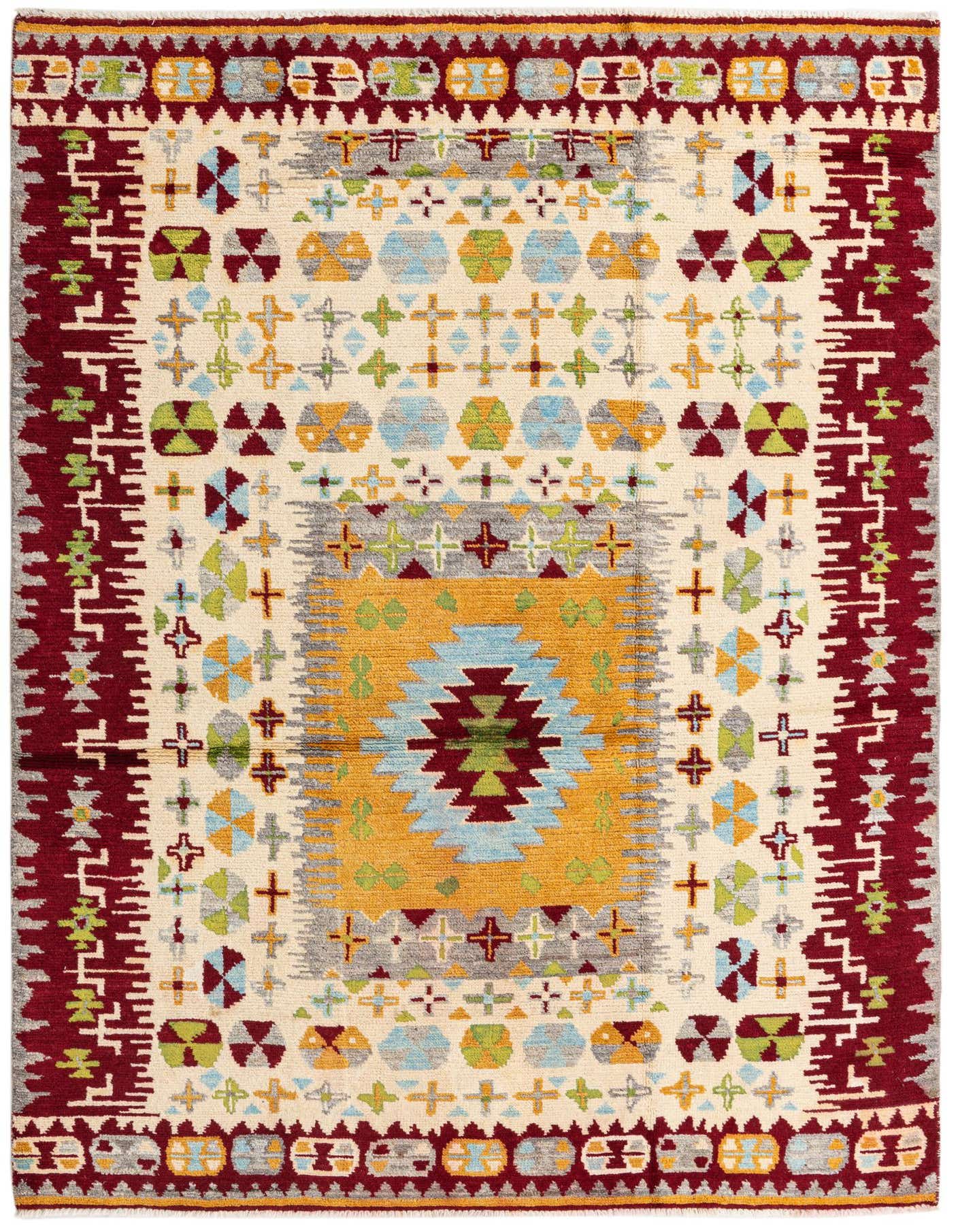 A 5x8 rectangular Darya rug with an ivory field, a central abstract medallion in gold and blue, and a wide red border with geometric patterns.