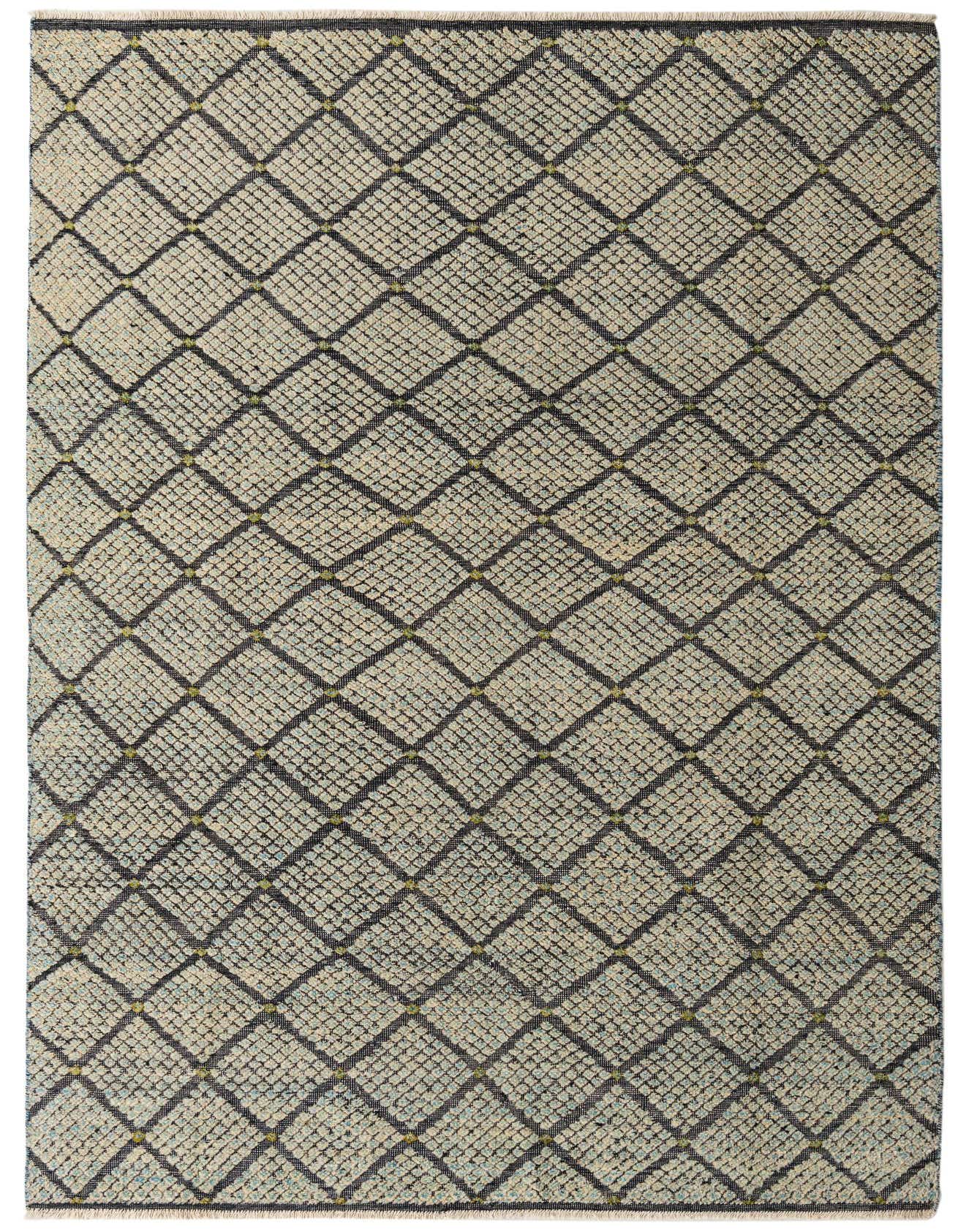 A rectangular 6x9 Darya rug featuring an abstract diamond pattern in ivory, cream, and black with subtle green accents.