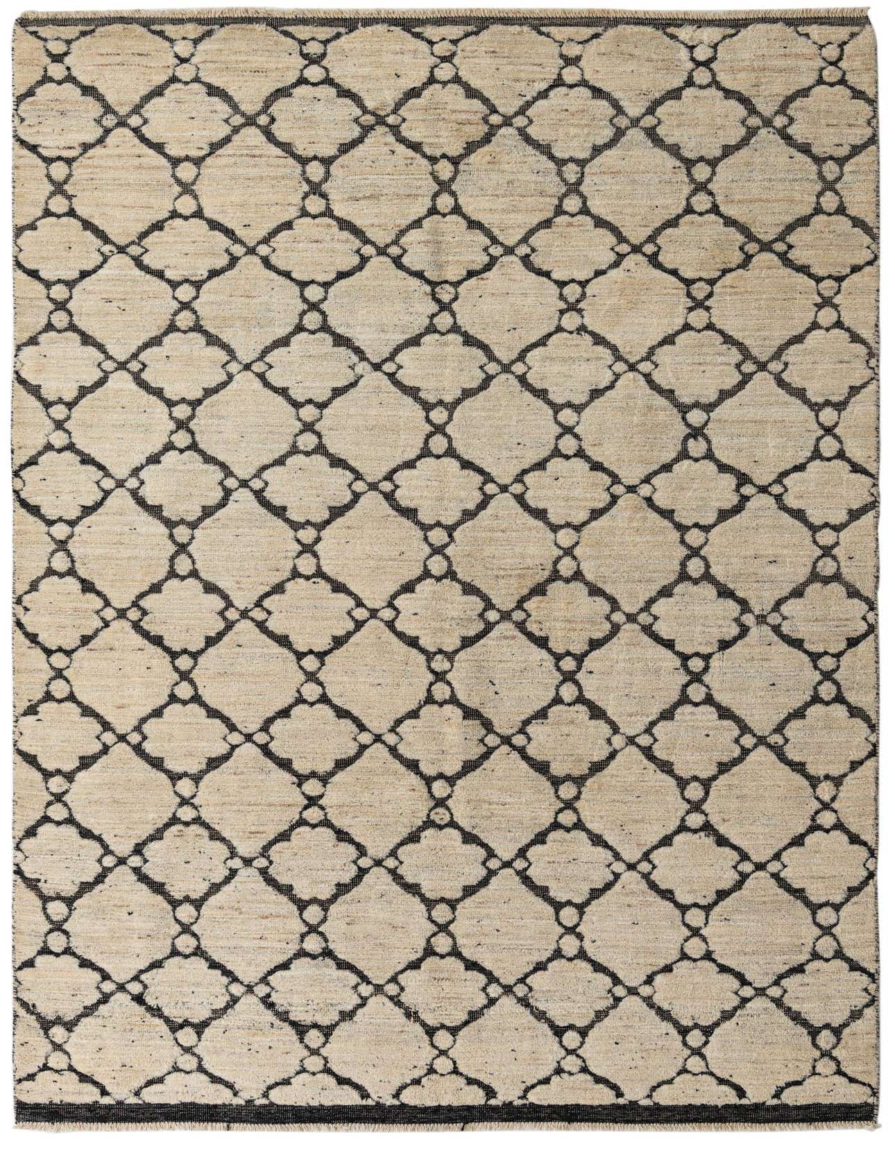 A 7x10 rectangular ivory wool rug with a modern abstract black geometric pattern, suitable for a living room.