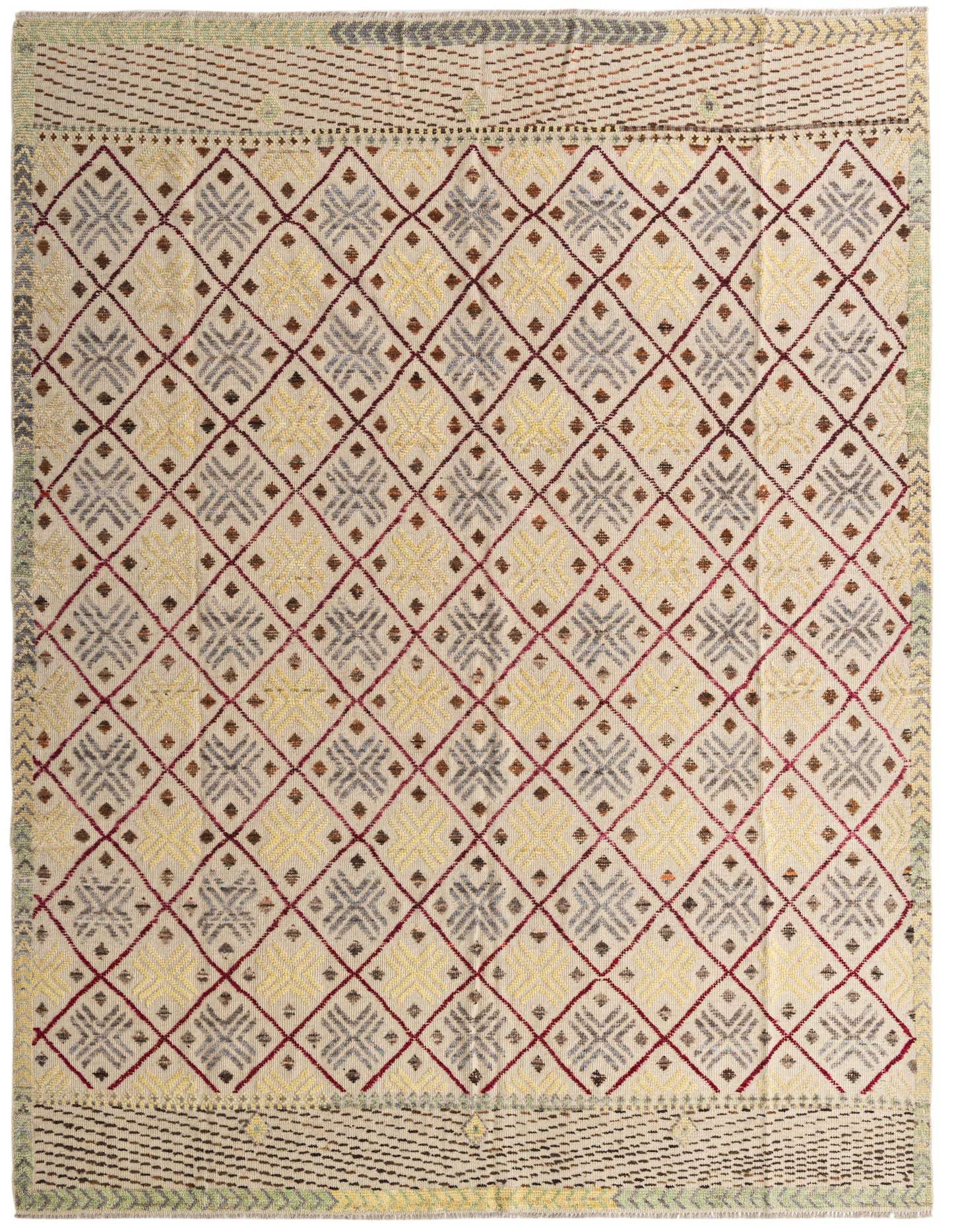 A 9x12 rectangular Darya Collection rug with an ivory background and a modern abstract pattern of gray, yellow, and maroon diamonds.