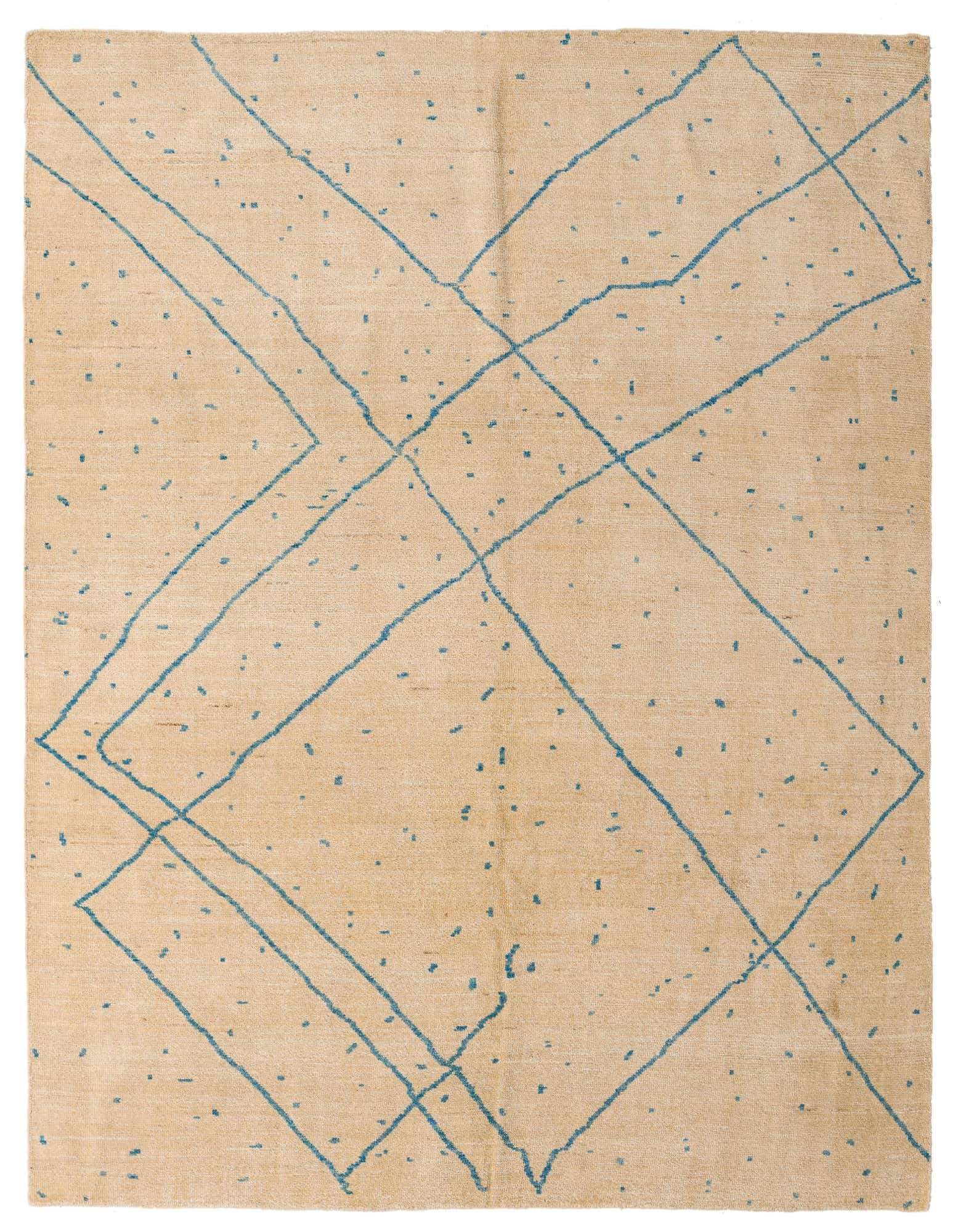 An 8x10 rectangular ivory wool rug with a high pile, featuring an abstract pattern of thin blue lines and small blue flecks.