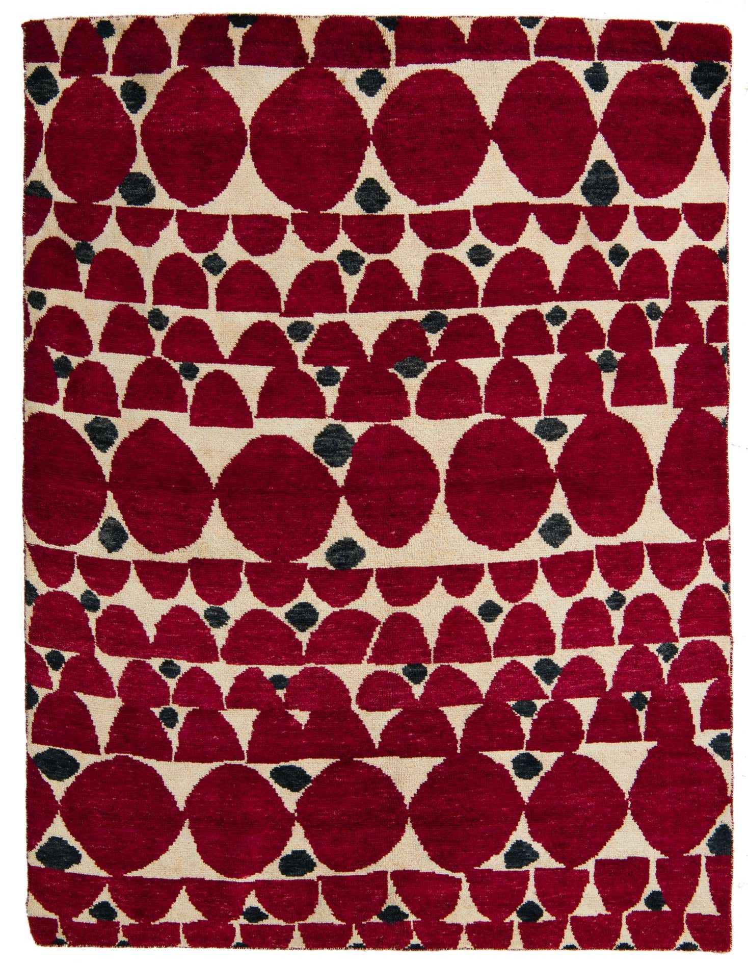 A 5x8 rectangular Darya rug with a modern Oriental pattern in ivory, cream, and deep red, featuring large and small abstract shapes.