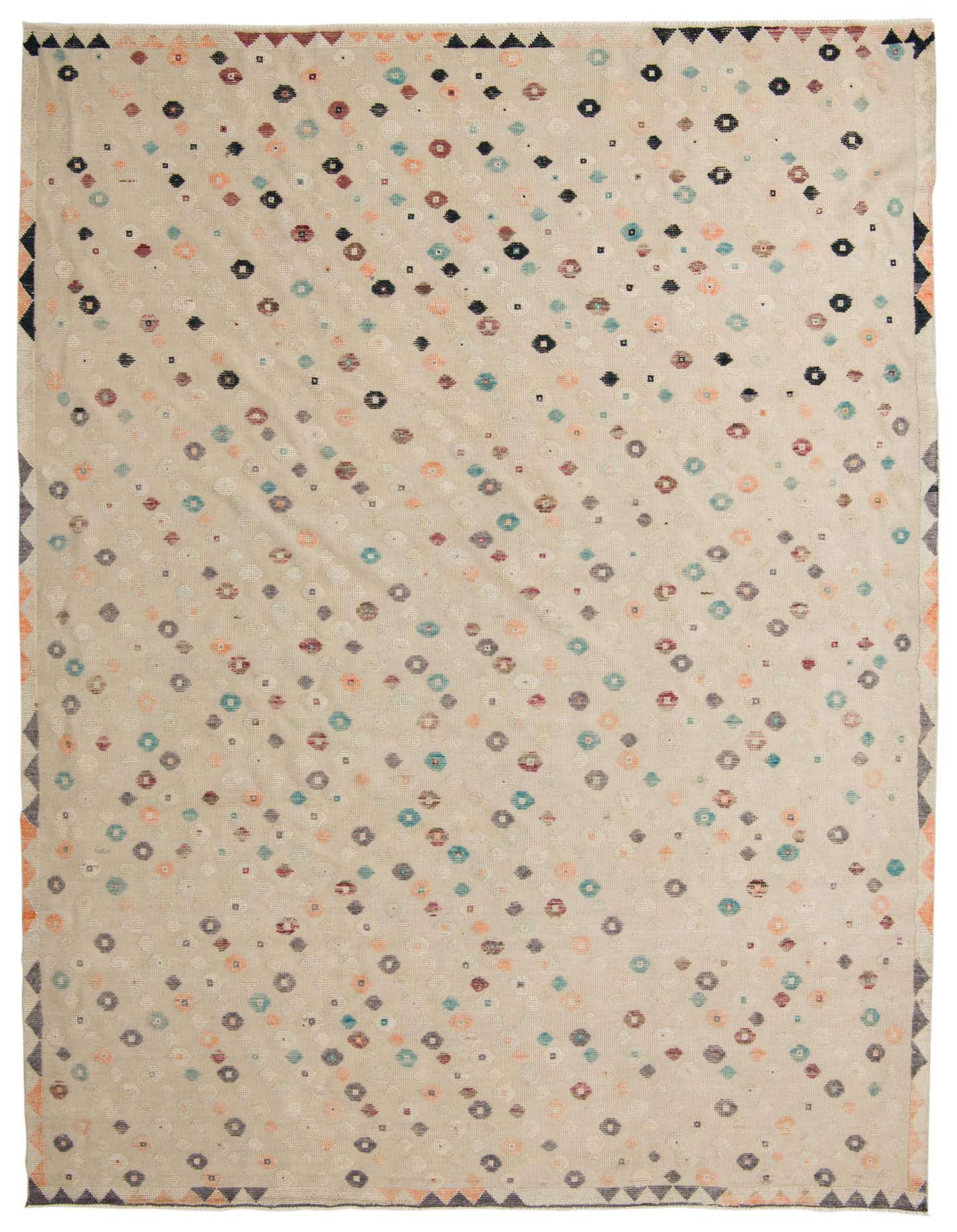A 10x14 rectangular ivory wool area rug with a modern abstract pattern of scattered colorful geometric shapes and a subtle border.
