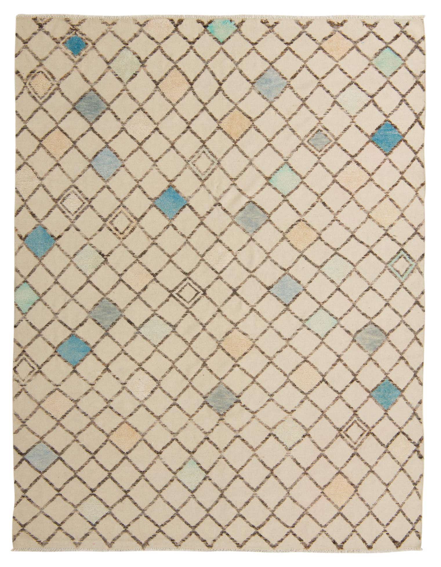 An 8x10 rectangular ivory wool rug with a modern diamond lattice pattern and subtle blue and cream accents.