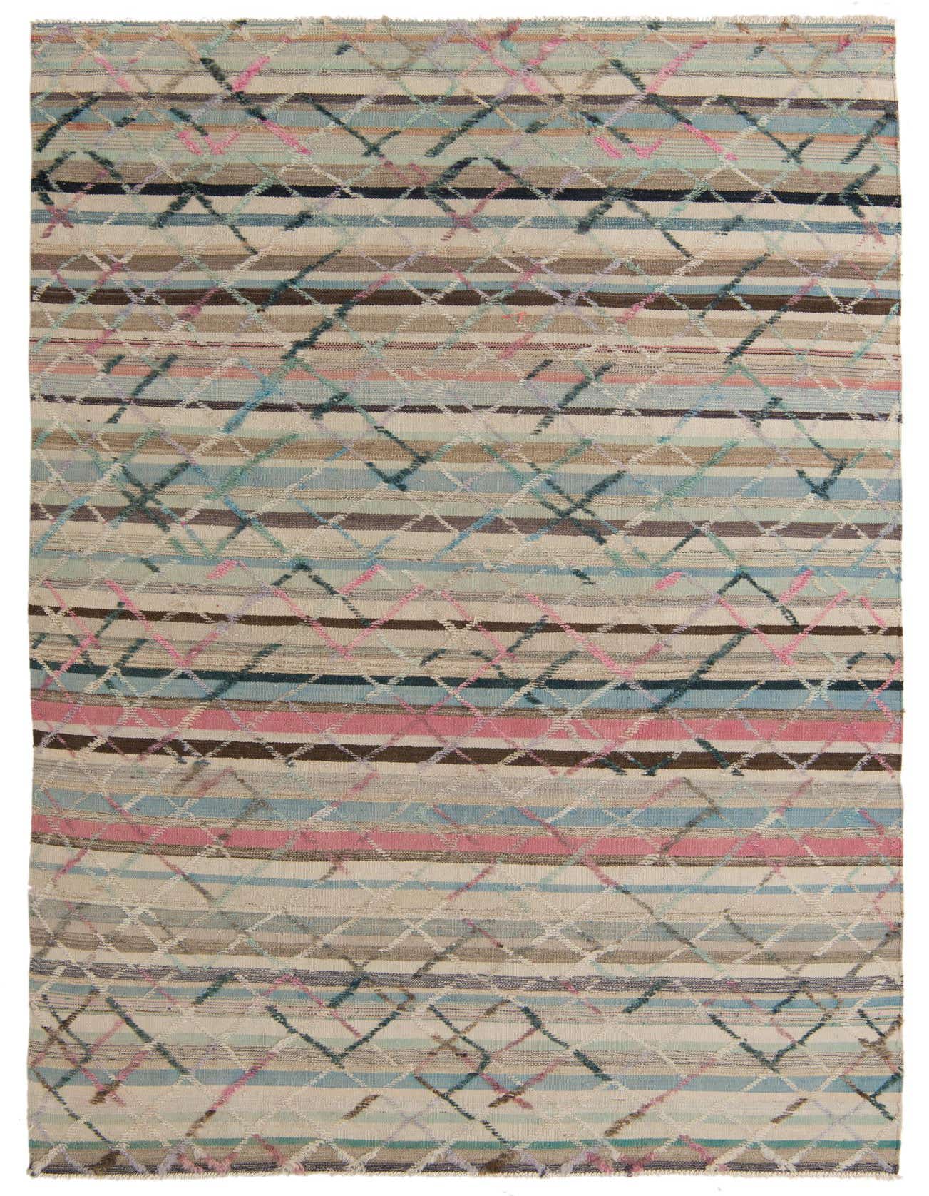 A 7x10 rectangular Darya rug with a modern abstract pattern of horizontal stripes in ivory, cream, and white, overlaid with a subtle diamond lattice.