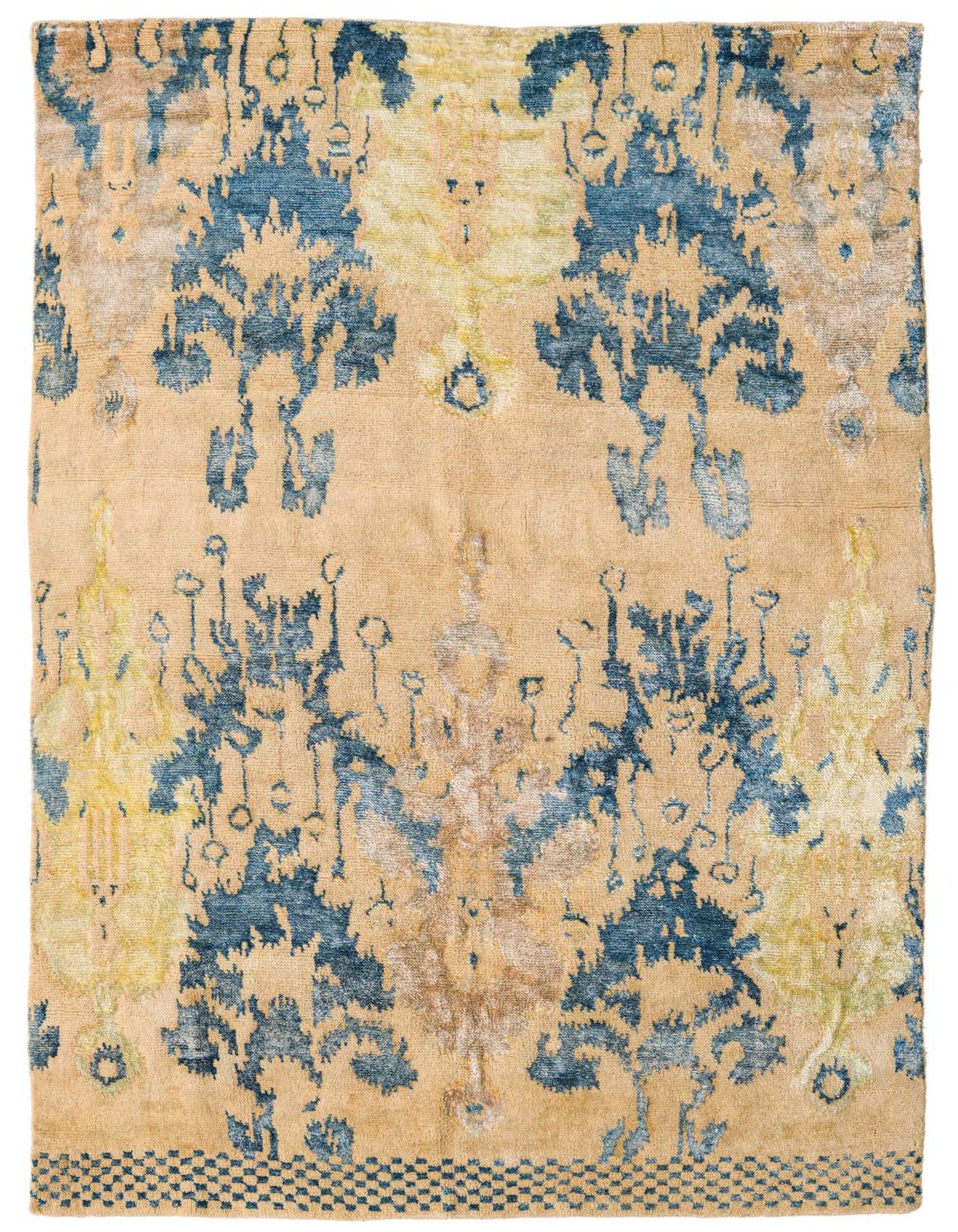 A 5x8 rectangular ivory rug with a modern abstract pattern in shades of blue and yellow, featuring a checkered border.