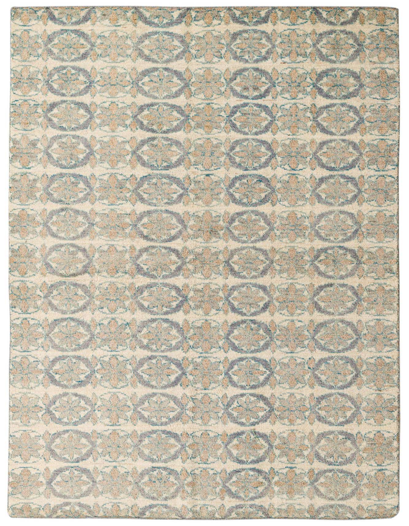 A 5x8 rectangular ivory wool rug with a modern abstract pattern in blue, teal, and beige tones.
