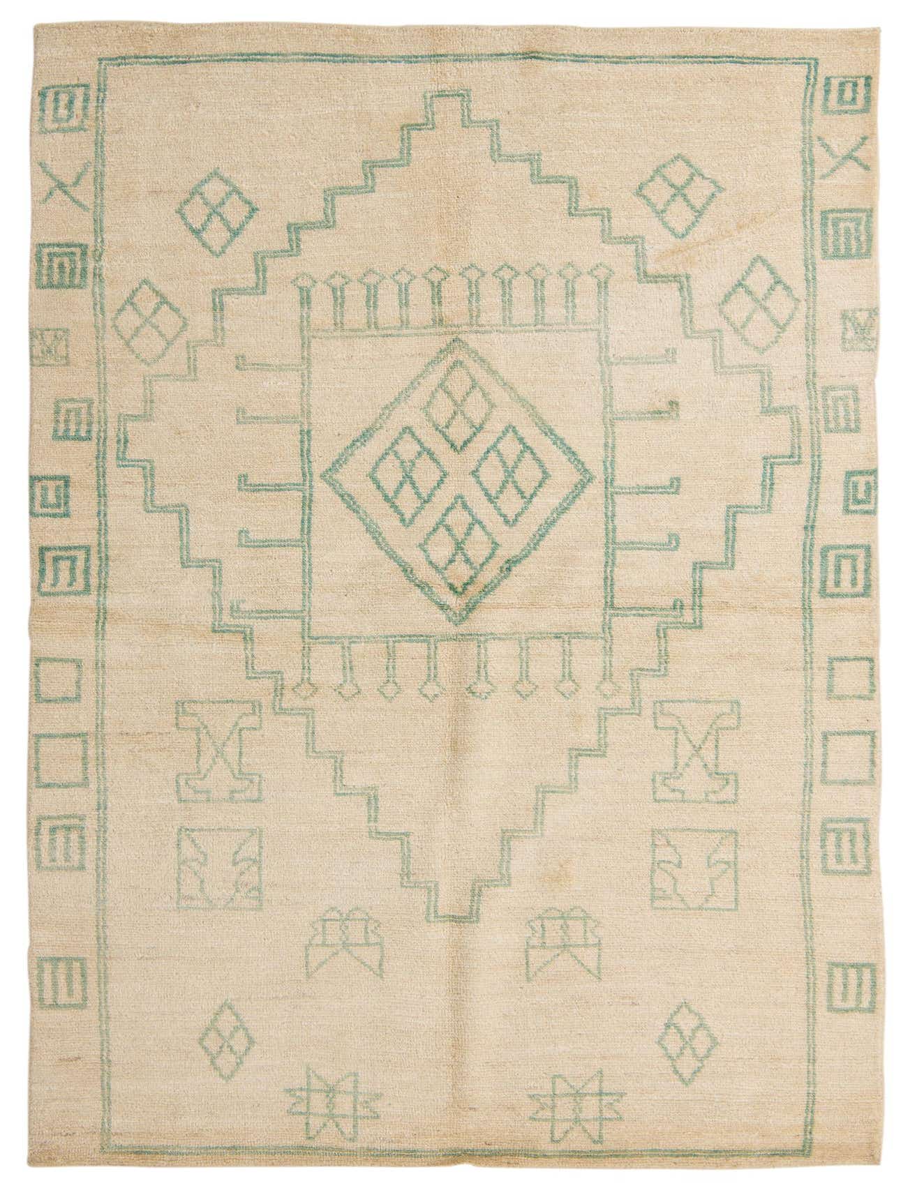 A 5x8 rectangular ivory wool rug with a light green modern oriental abstract pattern, ideal for a living room.